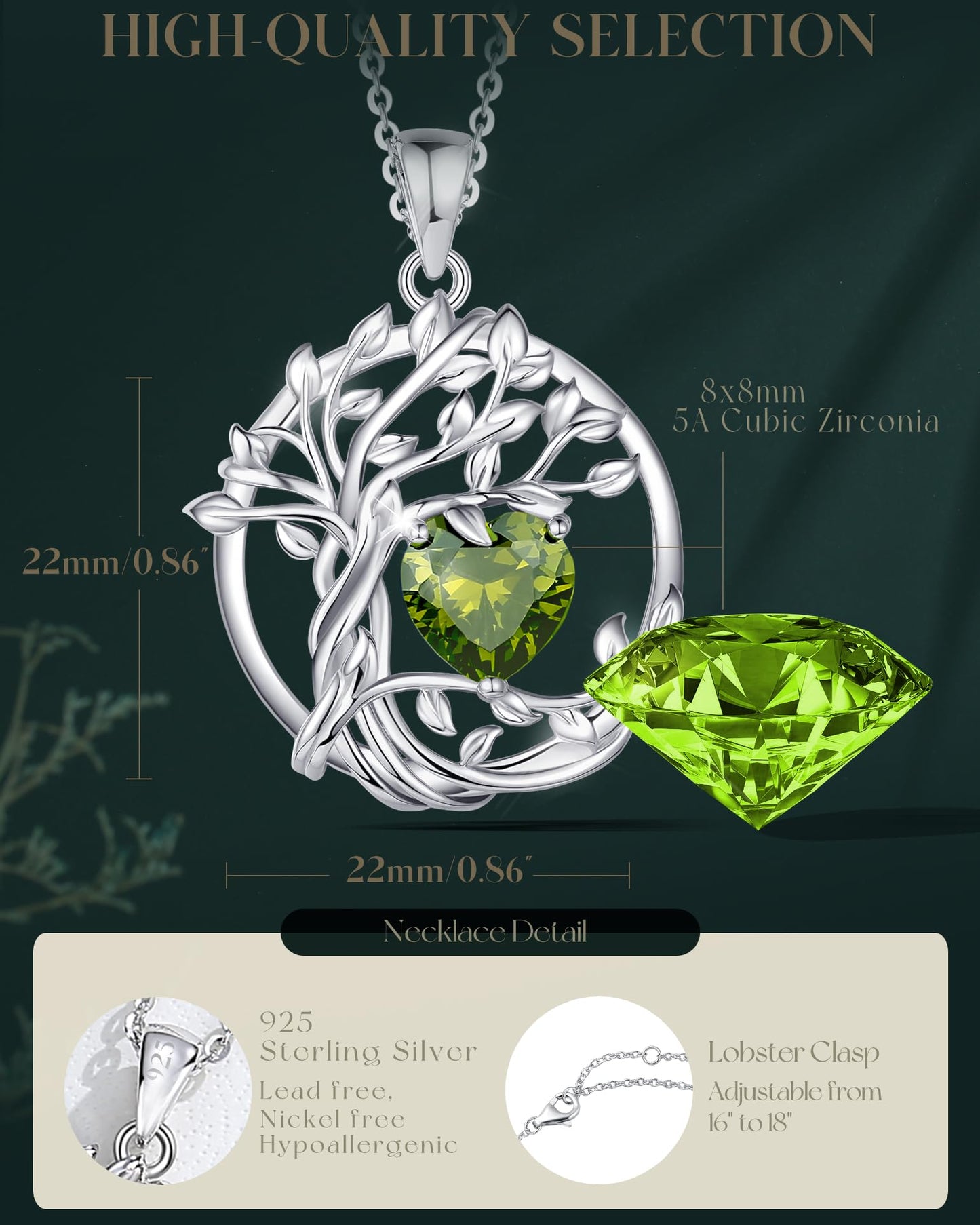 Edersee Lebensbaum Birthstone Kette für Damen 925 Sterling Silber Baum des Lebens Birthstone Anhänger Halskette Schmuck Geschenke für Frauen Mädchen, Kettenlänge: 40+5 cm