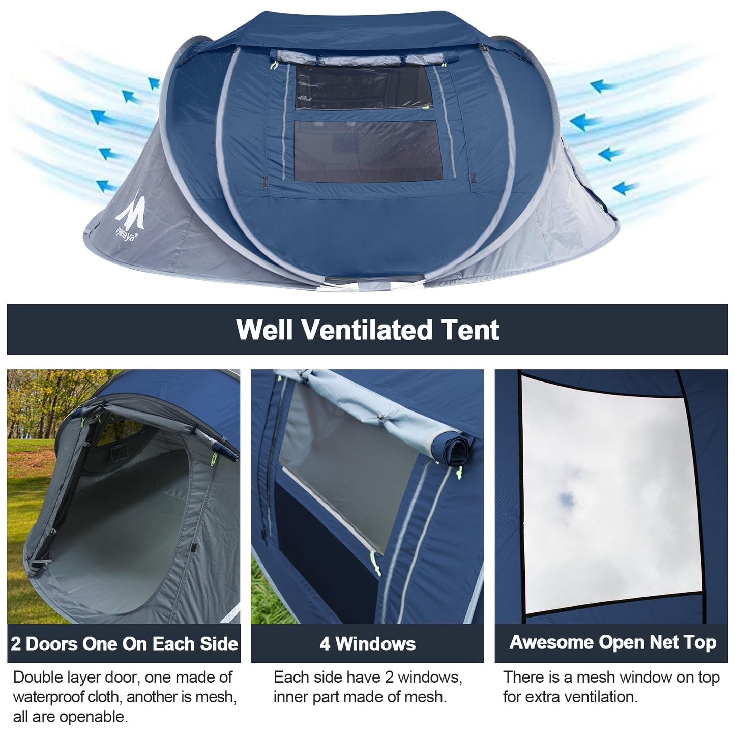Zelt 3-4 Personen Pop Up Wurfzelt mit Große Dachfenster, Strandmuschel Automatik 4 Mann Zelte Wasserdicht Strandzelt Festivalzelt Schnellaufbauzelt für Outdoor Camping Picknick Wandern