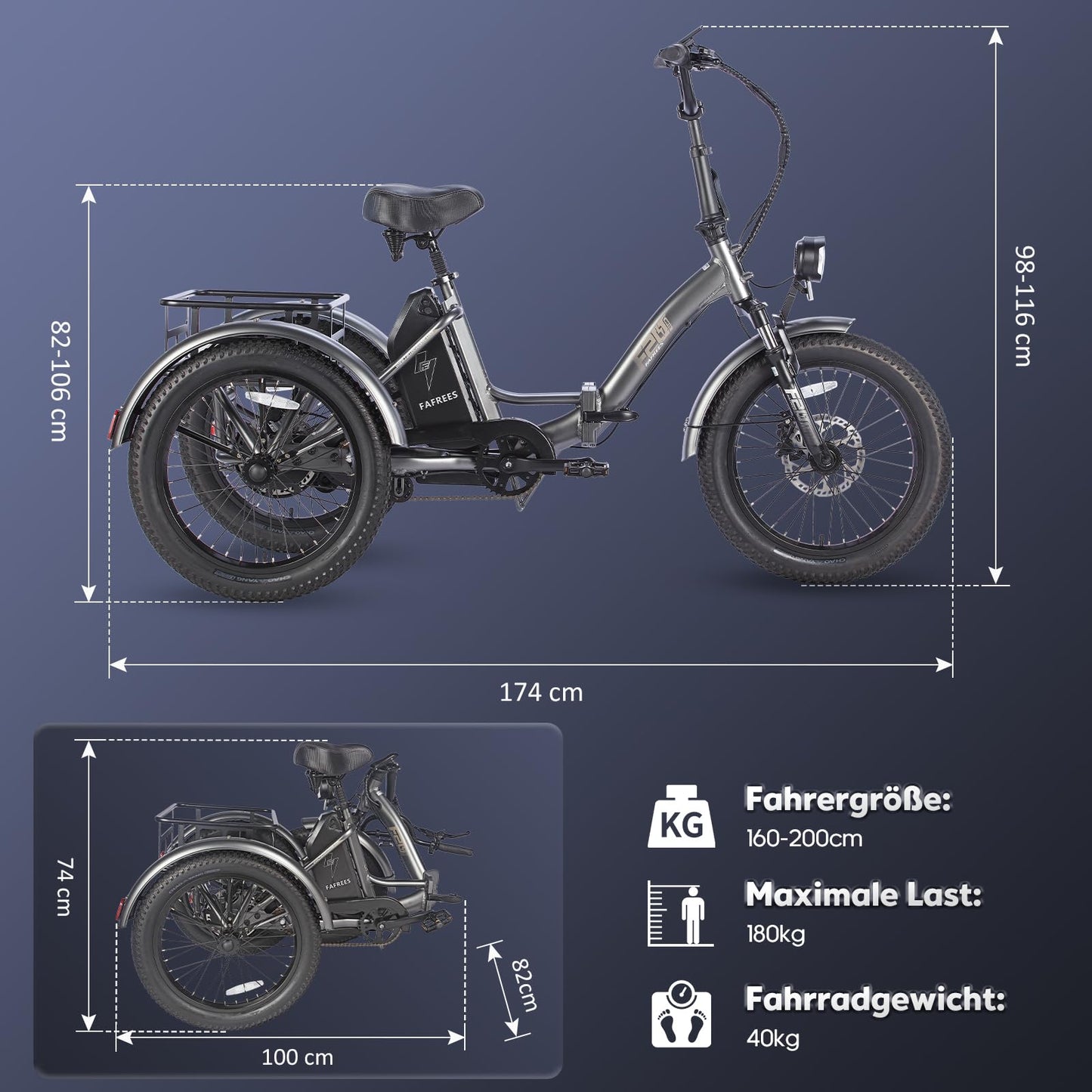 ELB trike Fafrees F20 Mate E Bike Dreirad Erwachsene Fat Klapprad, [ Offiziell ] E-Bike Lastenfahrrad 20 Zoll, Elektrofahrrad 180kg, Elektro Dreirad für Erwachsene, Ebike Fatbike 48V, 3 Rad Fahrrad Elektrisch