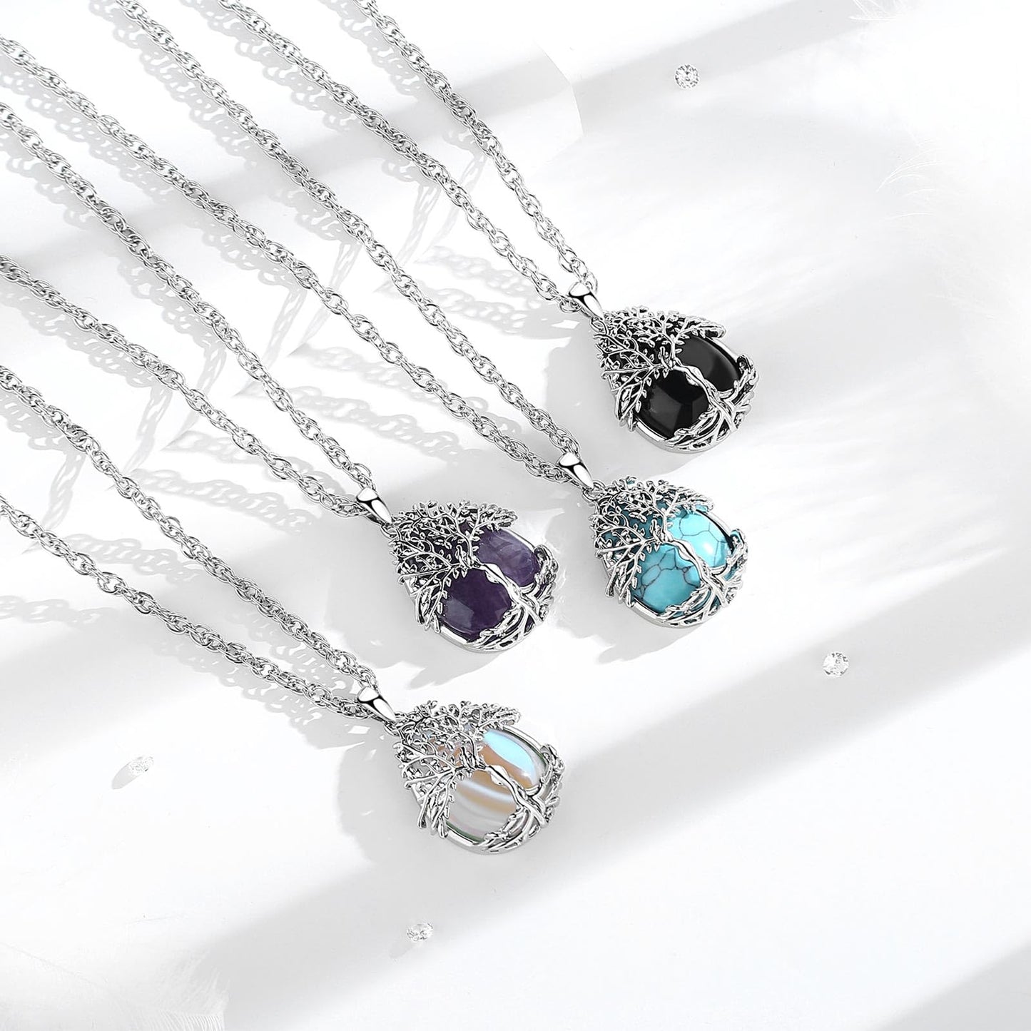 EDERSEENSUCHT - AEONSLOVE Lebensbaum Kette mit Kristall, Baum des Lebens Mondstein Halskette für Damen Türkis Amethyst Anhänger Obsidian Malachit Stein Kette Heilsteine Schmuck