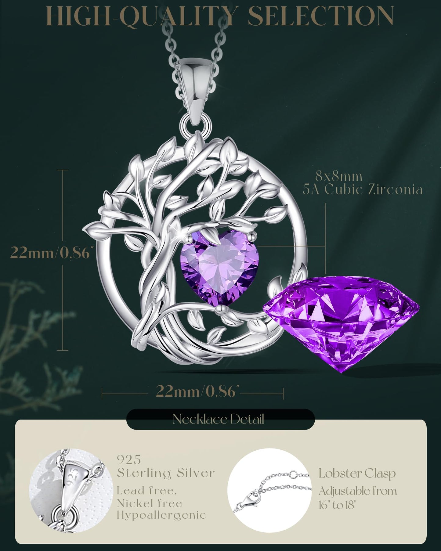 Edersee Lebensbaum Birthstone Kette für Damen 925 Sterling Silber Baum des Lebens Birthstone Anhänger Halskette Schmuck Geschenke für Frauen Mädchen, Kettenlänge: 40+5 cm
