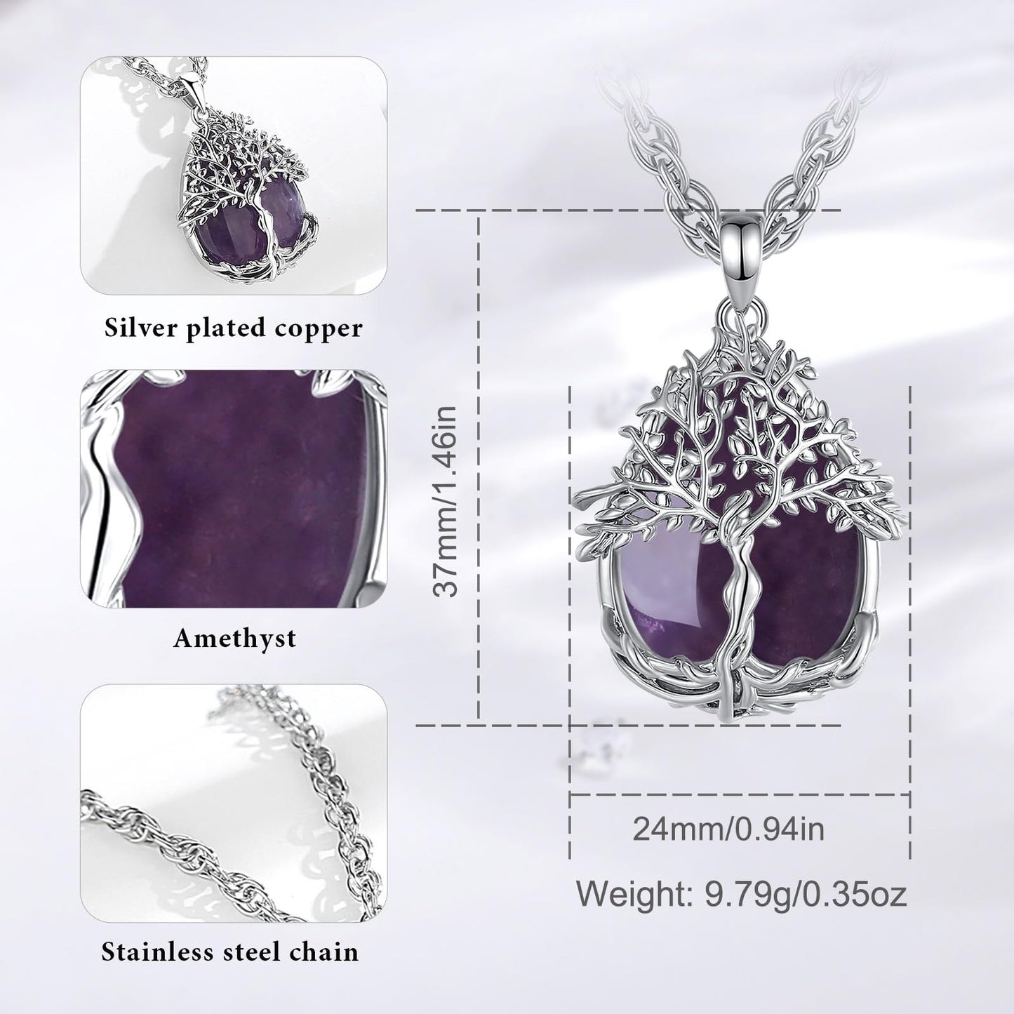 EDERSEENSUCHT - AEONSLOVE Lebensbaum Kette mit Kristall, Baum des Lebens Mondstein Halskette für Damen Türkis Amethyst Anhänger Obsidian Malachit Stein Kette Heilsteine Schmuck