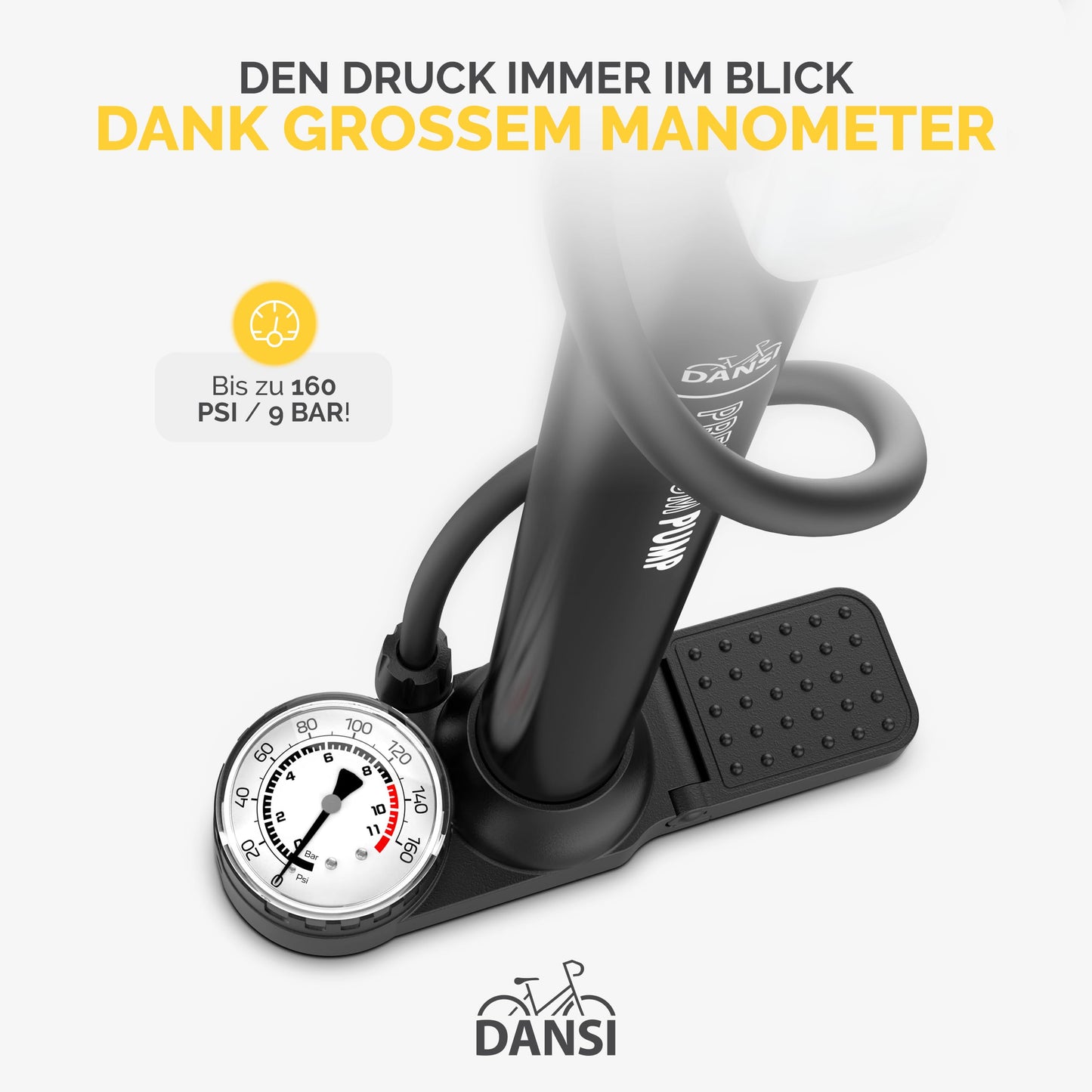 DANSI Standluftpumpe, Verschiedene Modelle, mit Adaptern, passend für alle gängigen Ventile, mit Manometer