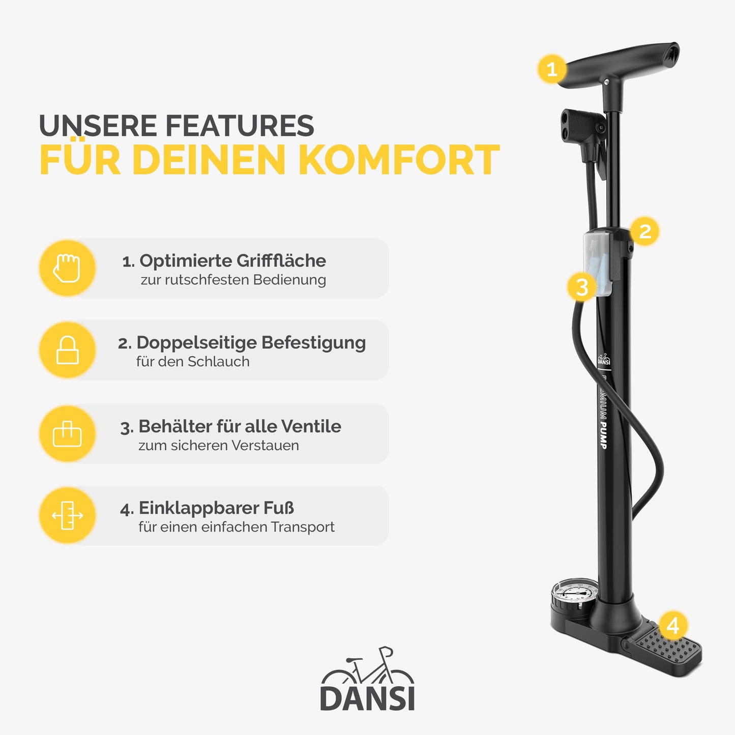 DANSI Standluftpumpe, Verschiedene Modelle, mit Adaptern, passend für alle gängigen Ventile, mit Manometer
