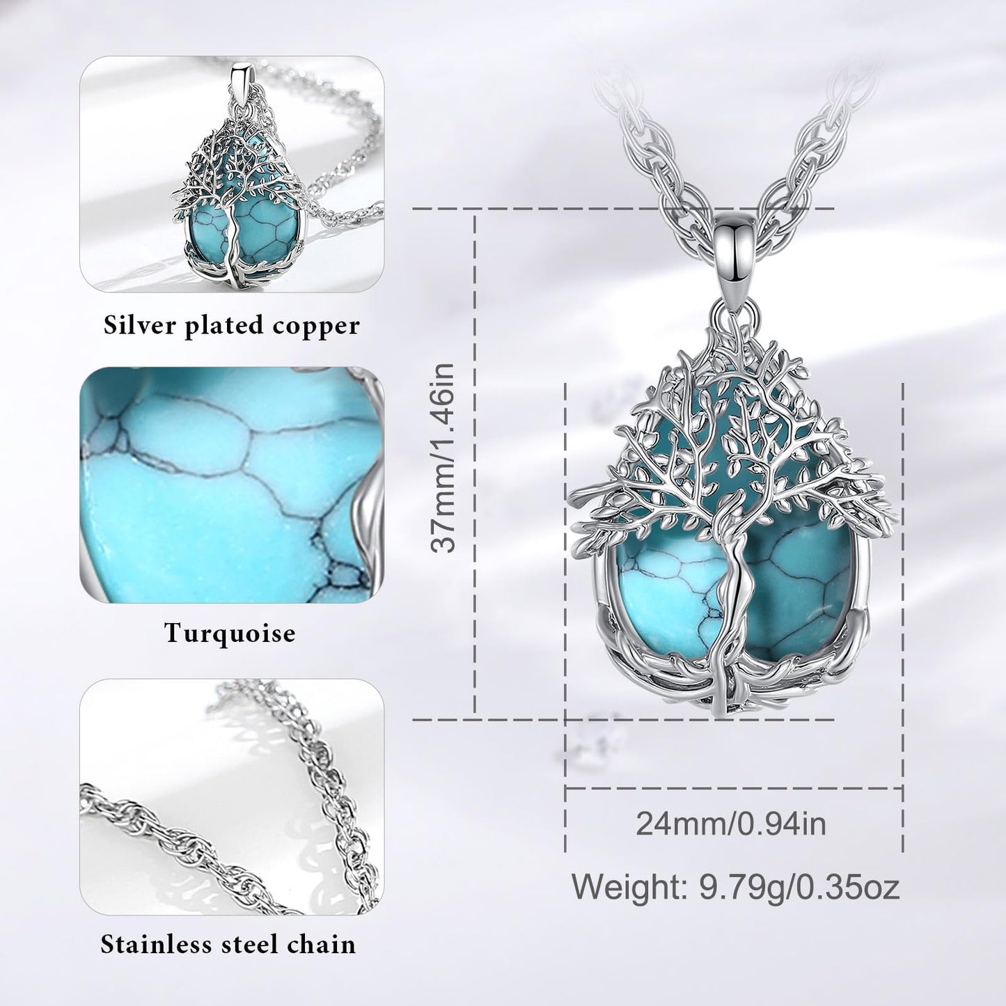 EDERSEENSUCHT - AEONSLOVE Lebensbaum Kette mit Kristall, Baum des Lebens Mondstein Halskette für Damen Türkis Amethyst Anhänger Obsidian Malachit Stein Kette Heilsteine Schmuck