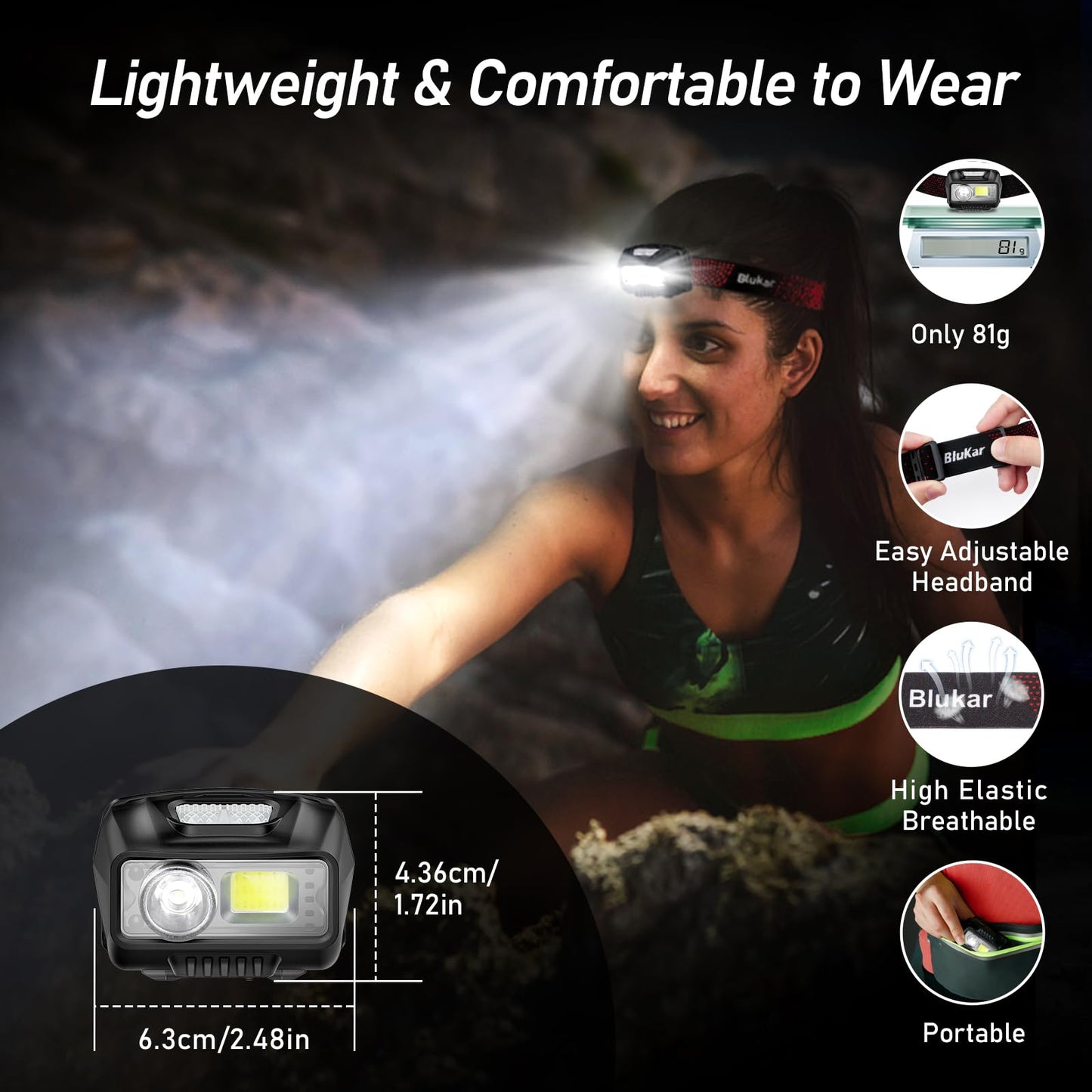 Blukar LED Stirnlampe Wiederaufladbar, Superhell 2000 Lumen Stufenlos Dimmbar Kopflampe mit 8 Lichtmodi, Sensor und Rotlicht, Leichtgewichtig Wasserdichte Mini Stirnlampe für Campen, Angeln usw.
