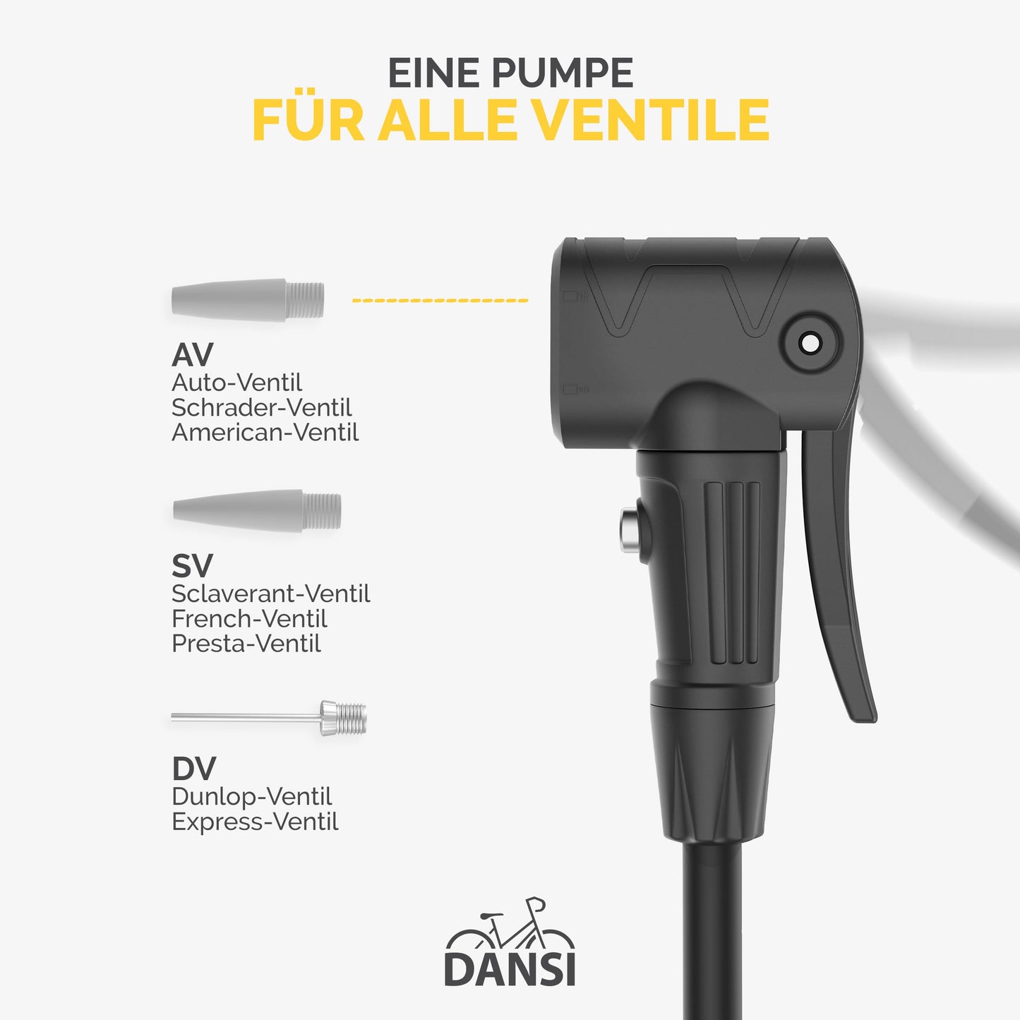 DANSI Standluftpumpe, Verschiedene Modelle, mit Adaptern, passend für alle gängigen Ventile, mit Manometer