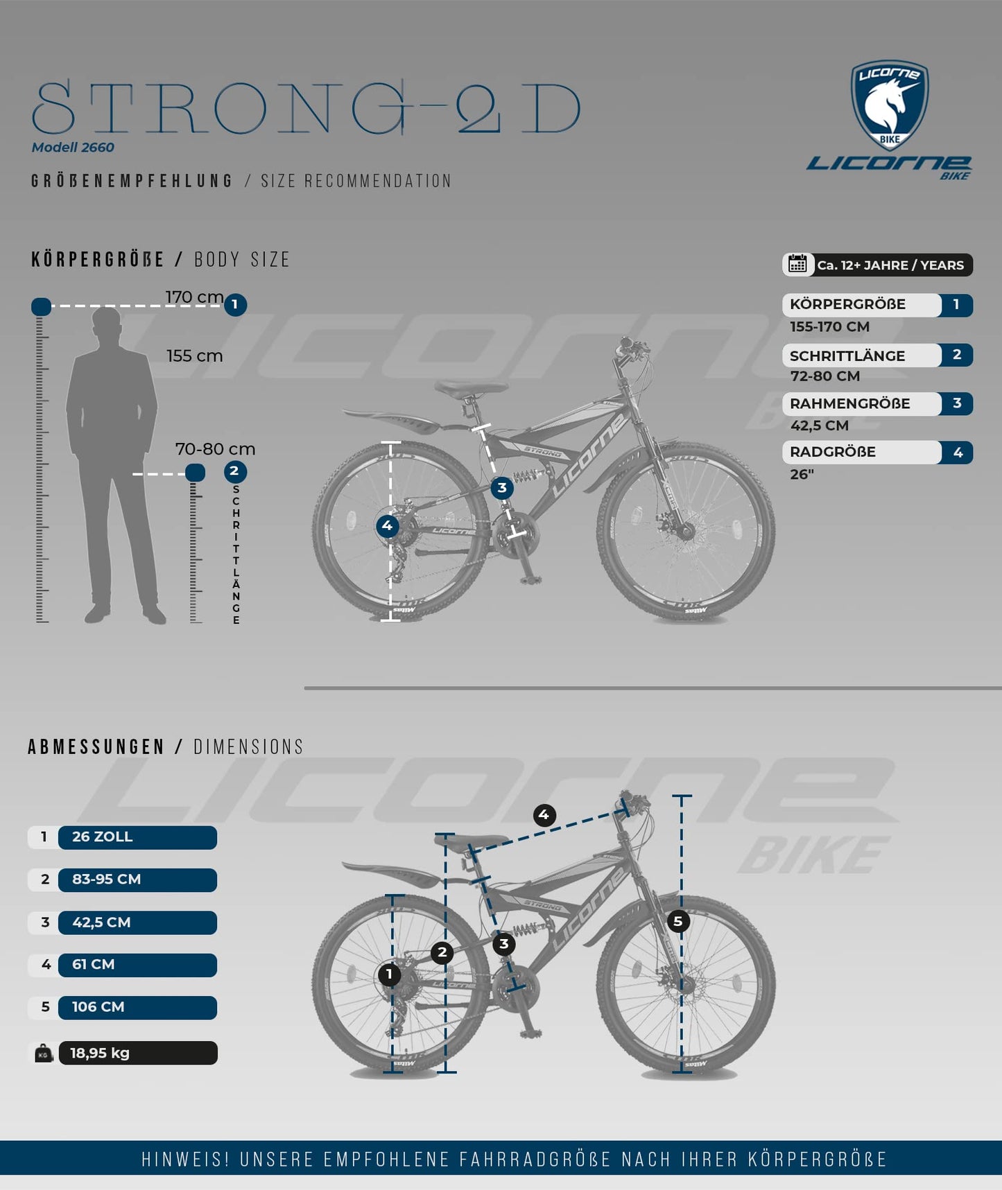 ELB daily Licorne Bike Strong 2D Premium Mountainbike in 26, 27.5 und 29 Zoll Fahrrad für Jungen Mädchen Damen und Herren Scheibenbremse vorne und hinten 21 Gang Schaltung Vollfederung