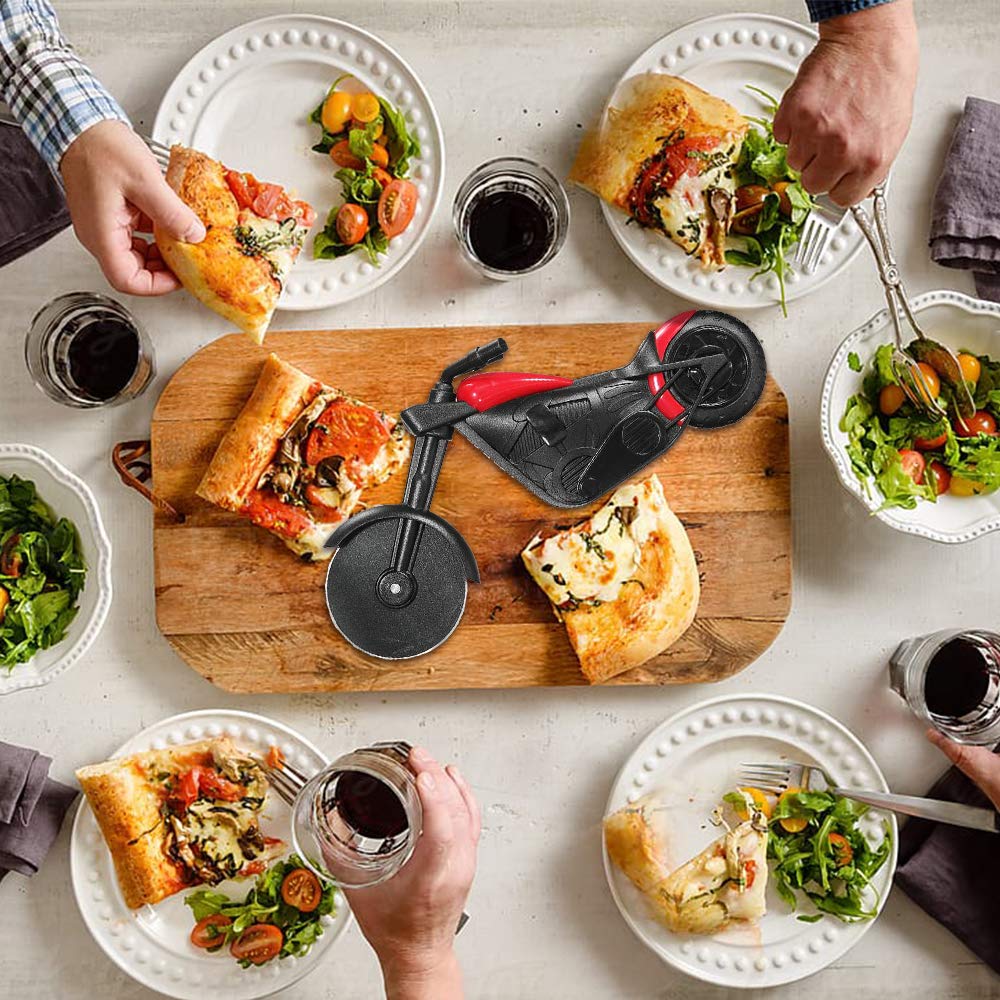 ELB Biker Motorrad Pizzaschneider, Lustige Pizza Schneider Edelstahl Kunststoff Pizzaroller Pizzarad Pizzamesser, Pizza Cutter mit Scharfem Schneiderad & Ständer für Weihnachten Kreativ Geschenke (Rot)