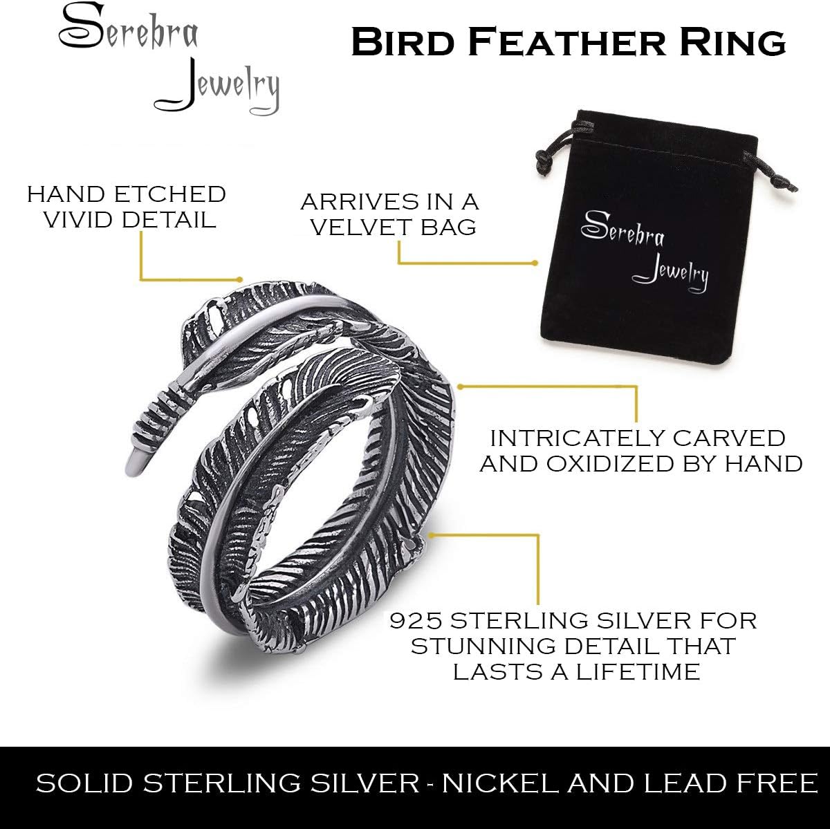 Serebra Jewelry Feder Ring 925 Sterling Silber Damen Indianerschmuck Größenverstellbar Antik