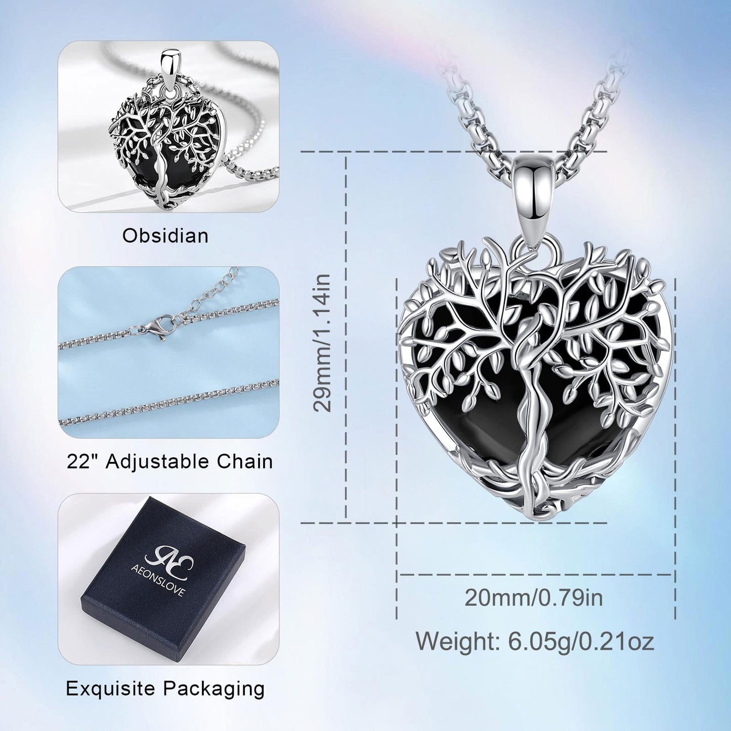 EDERSEENSUCHT - AEONSLOVE Lebensbaum Kette mit Kristall, Baum des Lebens Mondstein Halskette für Damen Türkis Amethyst Anhänger Obsidian Malachit Stein Kette Heilsteine Schmuck
