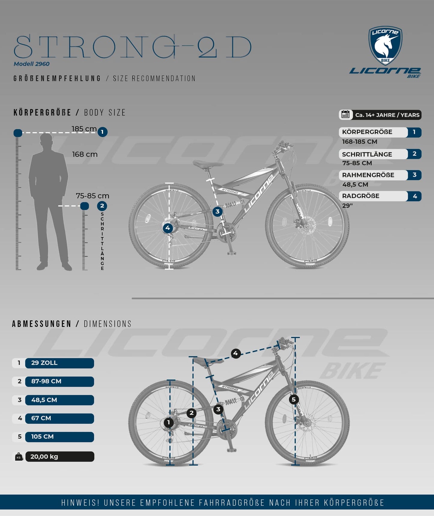 ELB daily Licorne Bike Strong 2D Premium Mountainbike in 26, 27.5 und 29 Zoll Fahrrad für Jungen Mädchen Damen und Herren Scheibenbremse vorne und hinten 21 Gang Schaltung Vollfederung