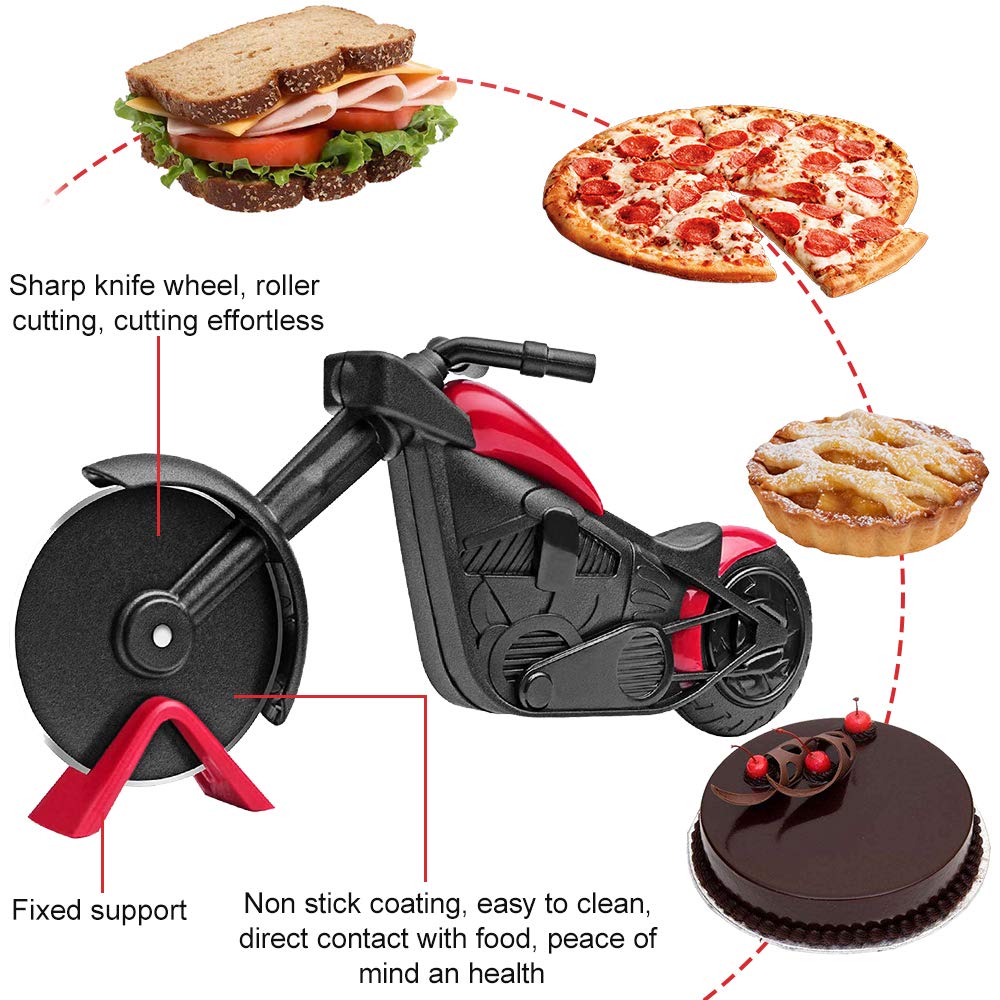 ELB Biker Motorrad Pizzaschneider, Lustige Pizza Schneider Edelstahl Kunststoff Pizzaroller Pizzarad Pizzamesser, Pizza Cutter mit Scharfem Schneiderad & Ständer für Weihnachten Kreativ Geschenke (Rot)