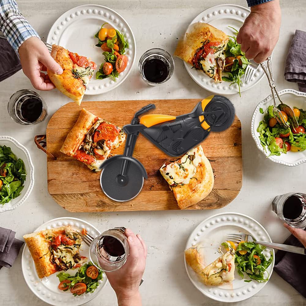 ELB Biker Motorrad Pizzaschneider, Lustige Pizza Schneider Edelstahl Kunststoff Pizzaroller Pizzarad Pizzamesser, Pizza Cutter mit Scharfem Schneiderad & Ständer für Weihnachten Kreativ Geschenke (Rot)