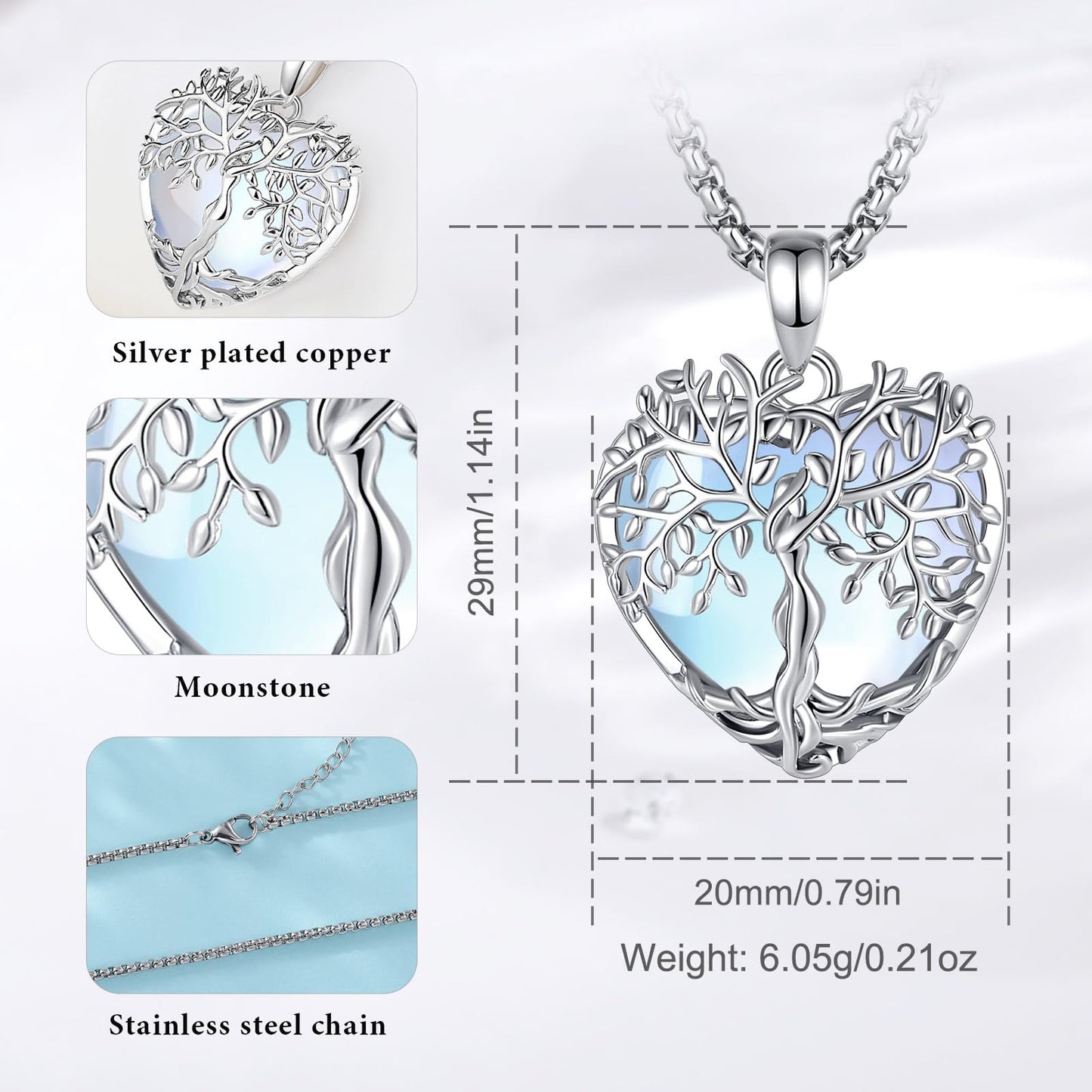 EDERSEENSUCHT - AEONSLOVE Lebensbaum Kette mit Kristall, Baum des Lebens Mondstein Halskette für Damen Türkis Amethyst Anhänger Obsidian Malachit Stein Kette Heilsteine Schmuck