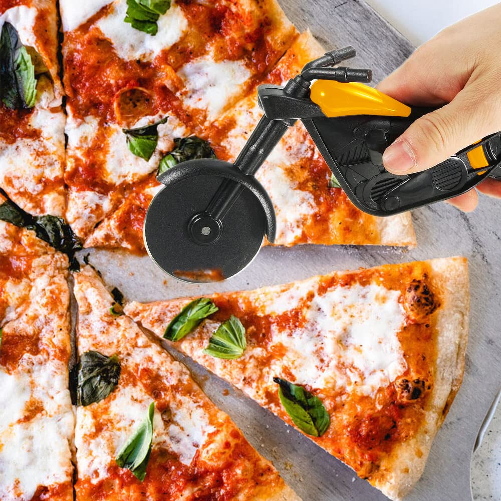 ELB Biker Motorrad Pizzaschneider, Lustige Pizza Schneider Edelstahl Kunststoff Pizzaroller Pizzarad Pizzamesser, Pizza Cutter mit Scharfem Schneiderad & Ständer für Weihnachten Kreativ Geschenke (Rot)