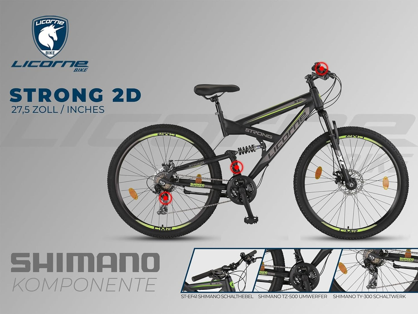 ELB daily Licorne Bike Strong 2D Premium Mountainbike in 26, 27.5 und 29 Zoll Fahrrad für Jungen Mädchen Damen und Herren Scheibenbremse vorne und hinten 21 Gang Schaltung Vollfederung