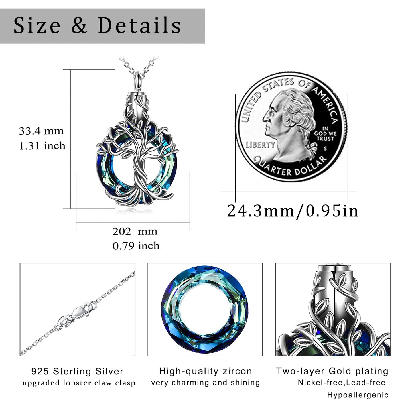 Ederseensucht-TOUPOP Urnenkette für Ashes 925 Sterling Silber Baum des Lebens/Schmetterling Ascheschmuck Asche Urne Anhänger Cremation Halskette mit Herz Kristall Memory Schmuck für Damen Herren
