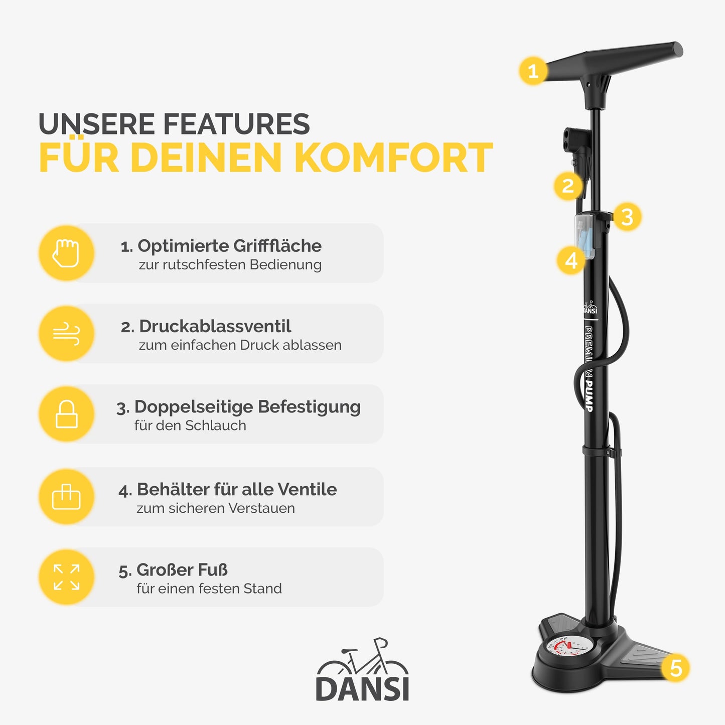 DANSI Standluftpumpe, Verschiedene Modelle, mit Adaptern, passend für alle gängigen Ventile, mit Manometer
