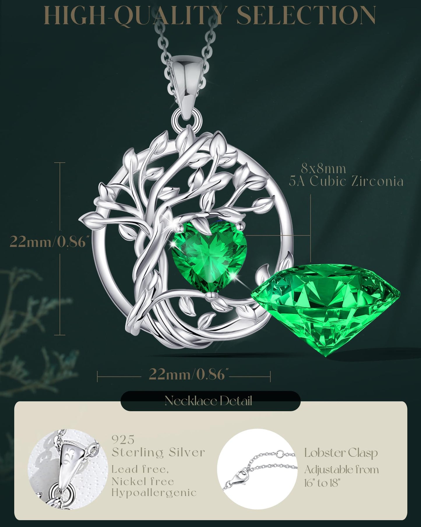 Edersee Lebensbaum Birthstone Kette für Damen 925 Sterling Silber Baum des Lebens Birthstone Anhänger Halskette Schmuck Geschenke für Frauen Mädchen, Kettenlänge: 40+5 cm