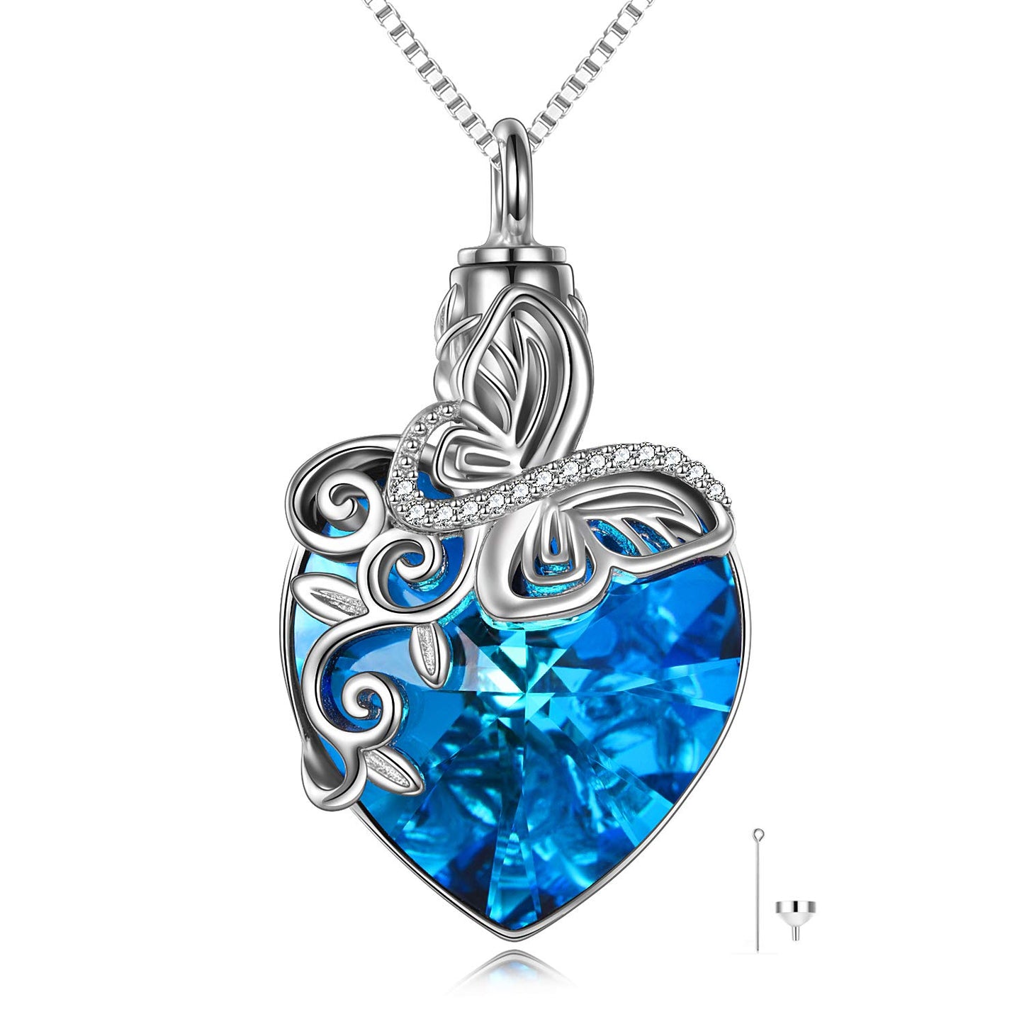 Ederseensucht-TOUPOP Urnenkette für Ashes 925 Sterling Silber Baum des Lebens/Schmetterling Ascheschmuck Asche Urne Anhänger Cremation Halskette mit Herz Kristall Memory Schmuck für Damen Herren