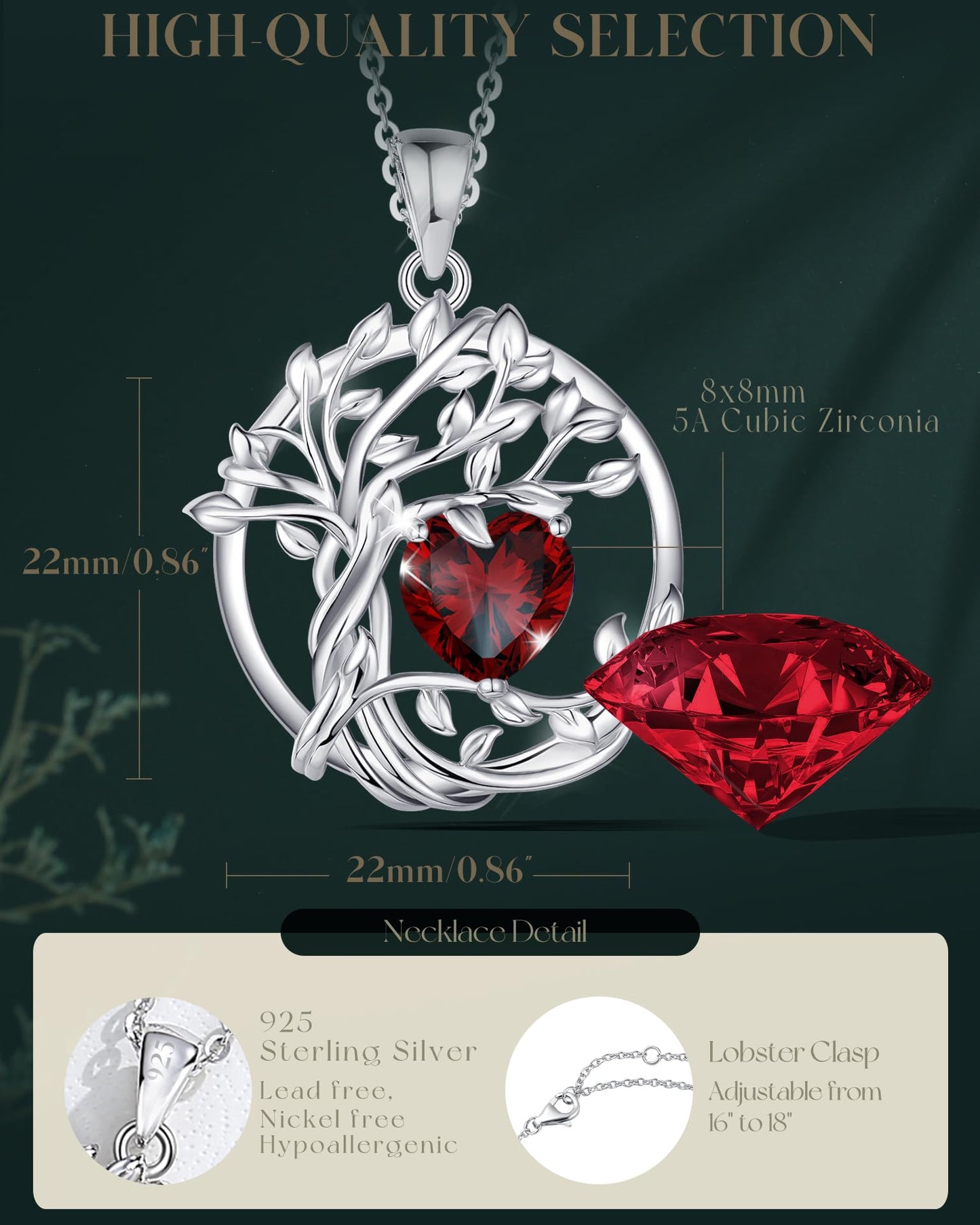 Edersee Lebensbaum Birthstone Kette für Damen 925 Sterling Silber Baum des Lebens Birthstone Anhänger Halskette Schmuck Geschenke für Frauen Mädchen, Kettenlänge: 40+5 cm
