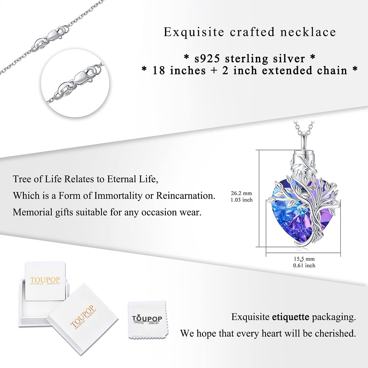 Ederseensucht-TOUPOP Urnenkette für Ashes 925 Sterling Silber Baum des Lebens/Schmetterling Ascheschmuck Asche Urne Anhänger Cremation Halskette mit Herz Kristall Memory Schmuck für Damen Herren