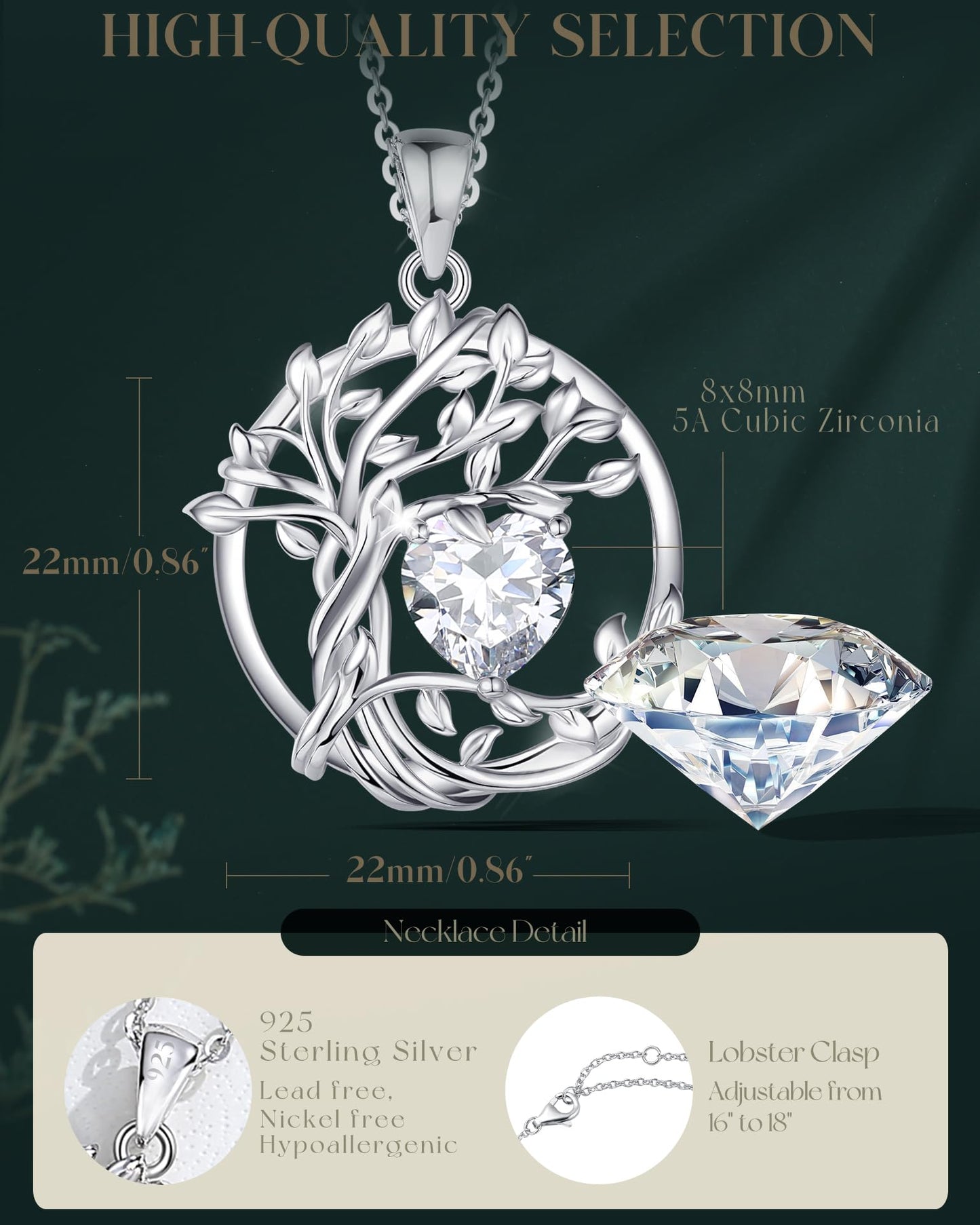 Edersee Lebensbaum Birthstone Kette für Damen 925 Sterling Silber Baum des Lebens Birthstone Anhänger Halskette Schmuck Geschenke für Frauen Mädchen, Kettenlänge: 40+5 cm