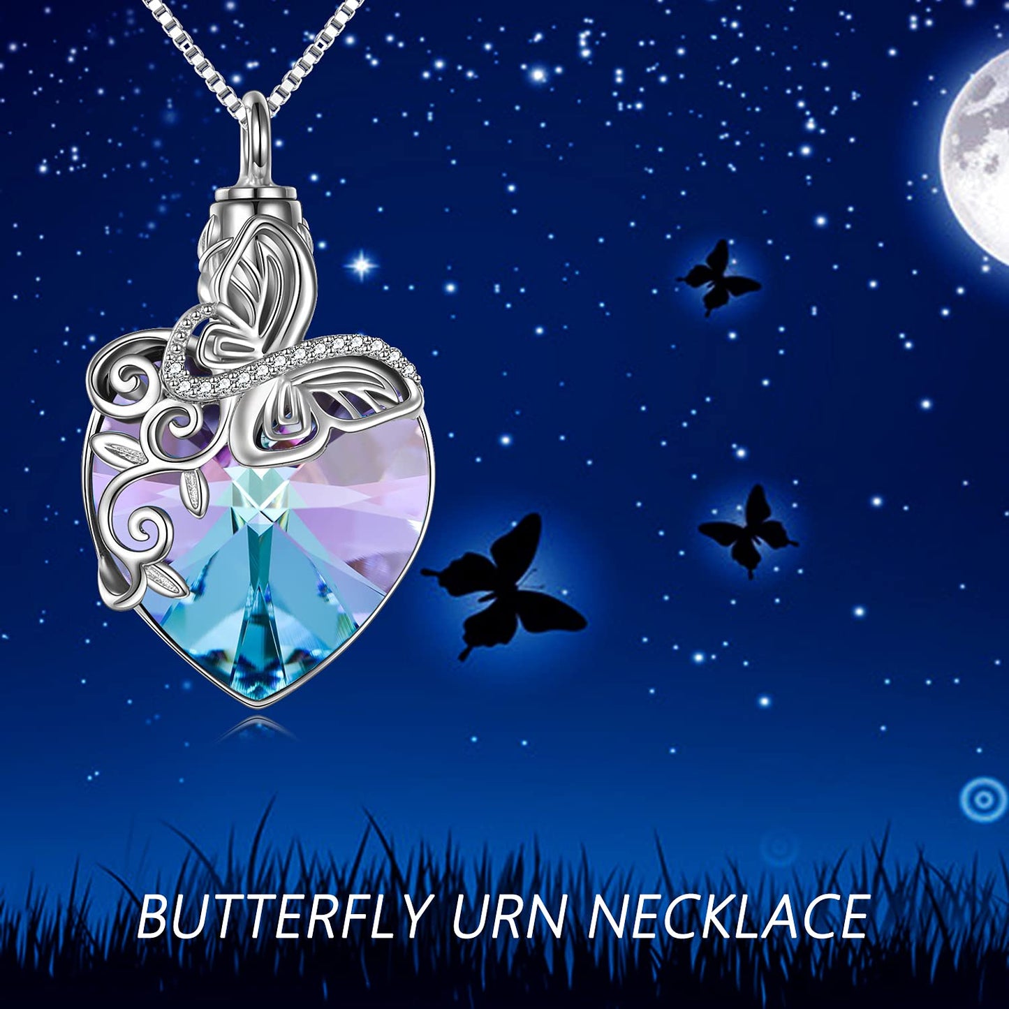 Ederseensucht-TOUPOP Urnenkette für Ashes 925 Sterling Silber Baum des Lebens/Schmetterling Ascheschmuck Asche Urne Anhänger Cremation Halskette mit Herz Kristall Memory Schmuck für Damen Herren