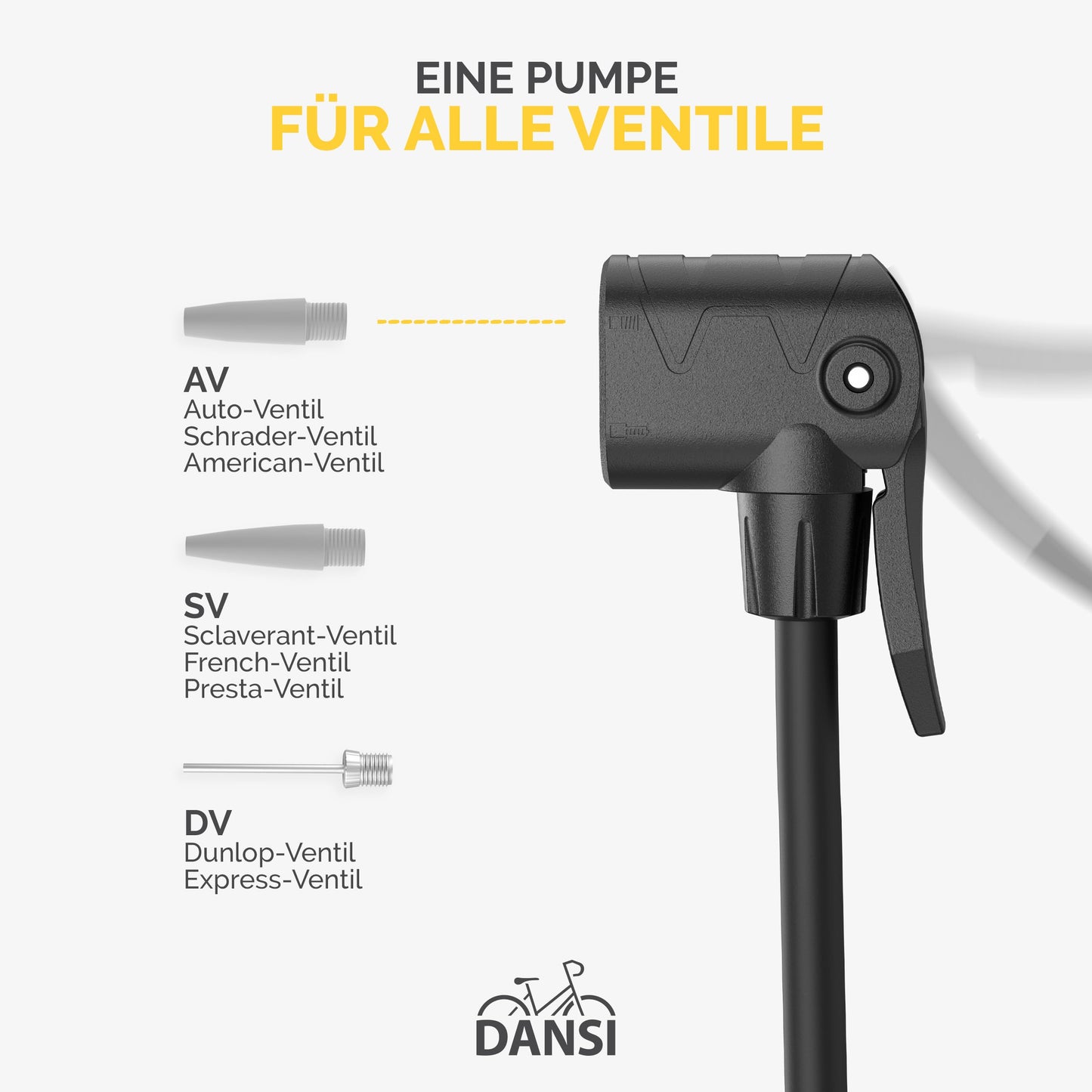 DANSI Standluftpumpe, Verschiedene Modelle, mit Adaptern, passend für alle gängigen Ventile, mit Manometer