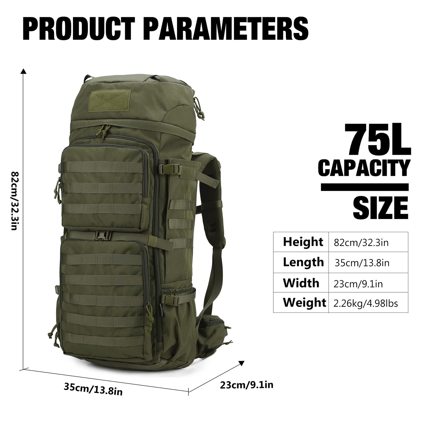 ELB Marder Mardingtop 75L Rucksack Taktischer Rucksack Wanderrucksack Trekkingrucksack YKK Zipper mit der großen Kapazität