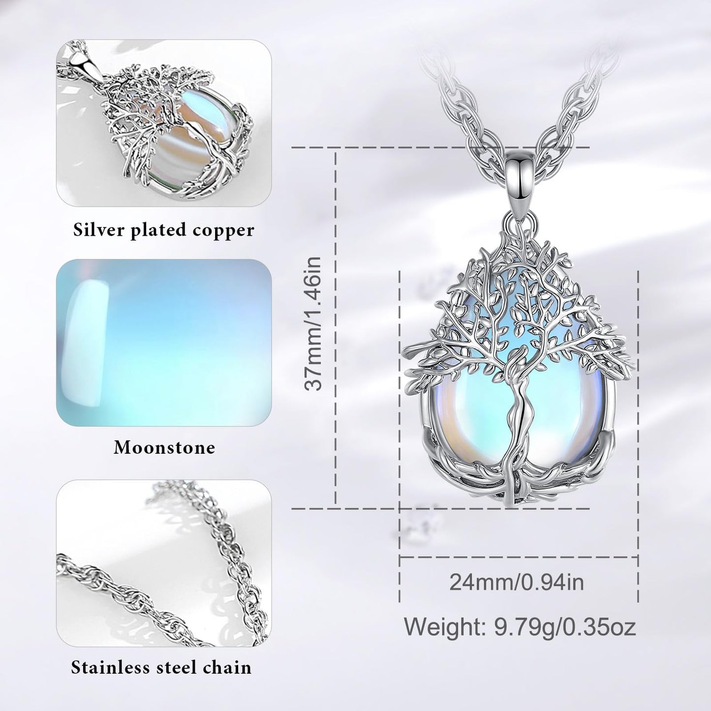 EDERSEENSUCHT - AEONSLOVE Lebensbaum Kette mit Kristall, Baum des Lebens Mondstein Halskette für Damen Türkis Amethyst Anhänger Obsidian Malachit Stein Kette Heilsteine Schmuck