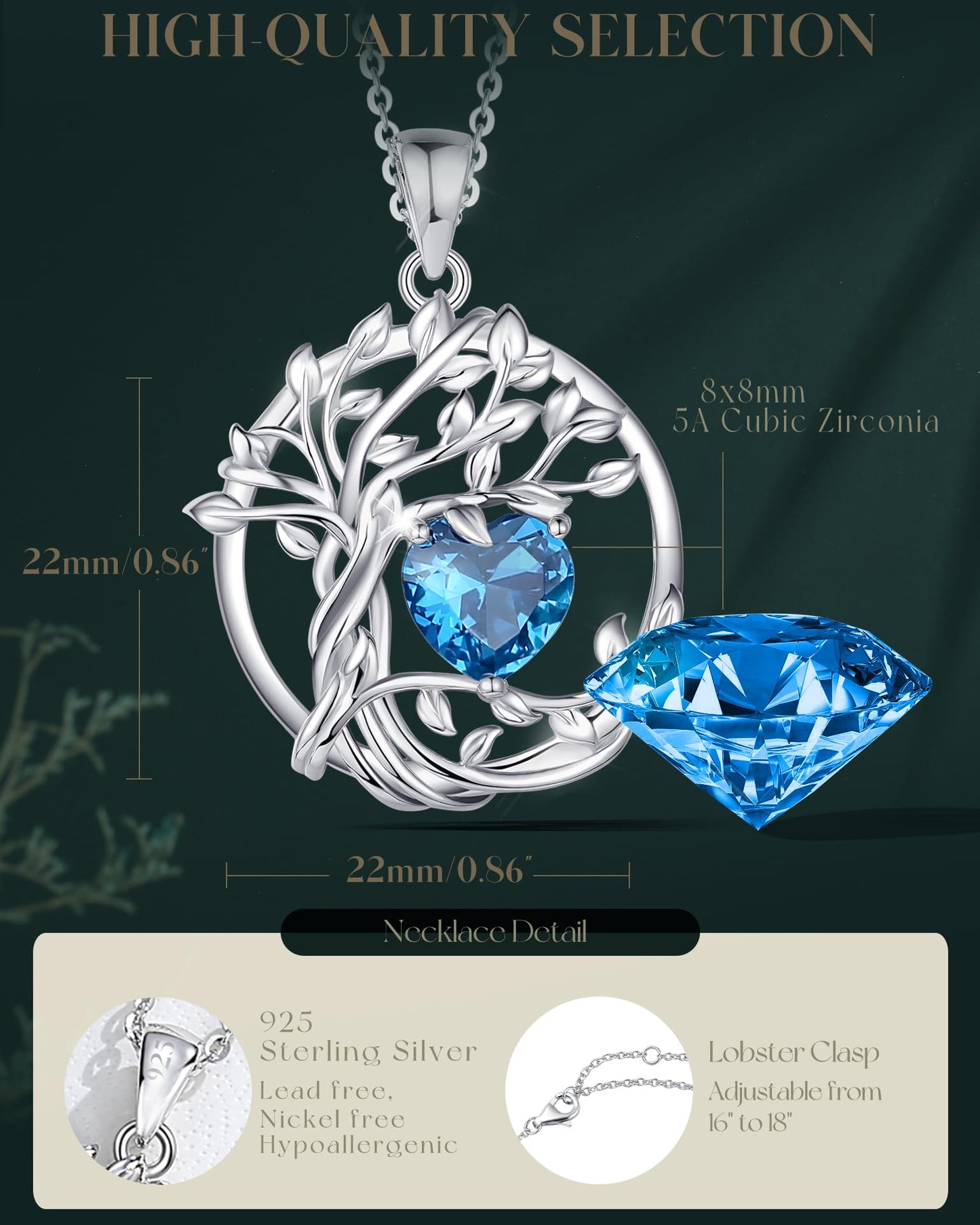 Edersee Lebensbaum Birthstone Kette für Damen 925 Sterling Silber Baum des Lebens Birthstone Anhänger Halskette Schmuck Geschenke für Frauen Mädchen, Kettenlänge: 40+5 cm