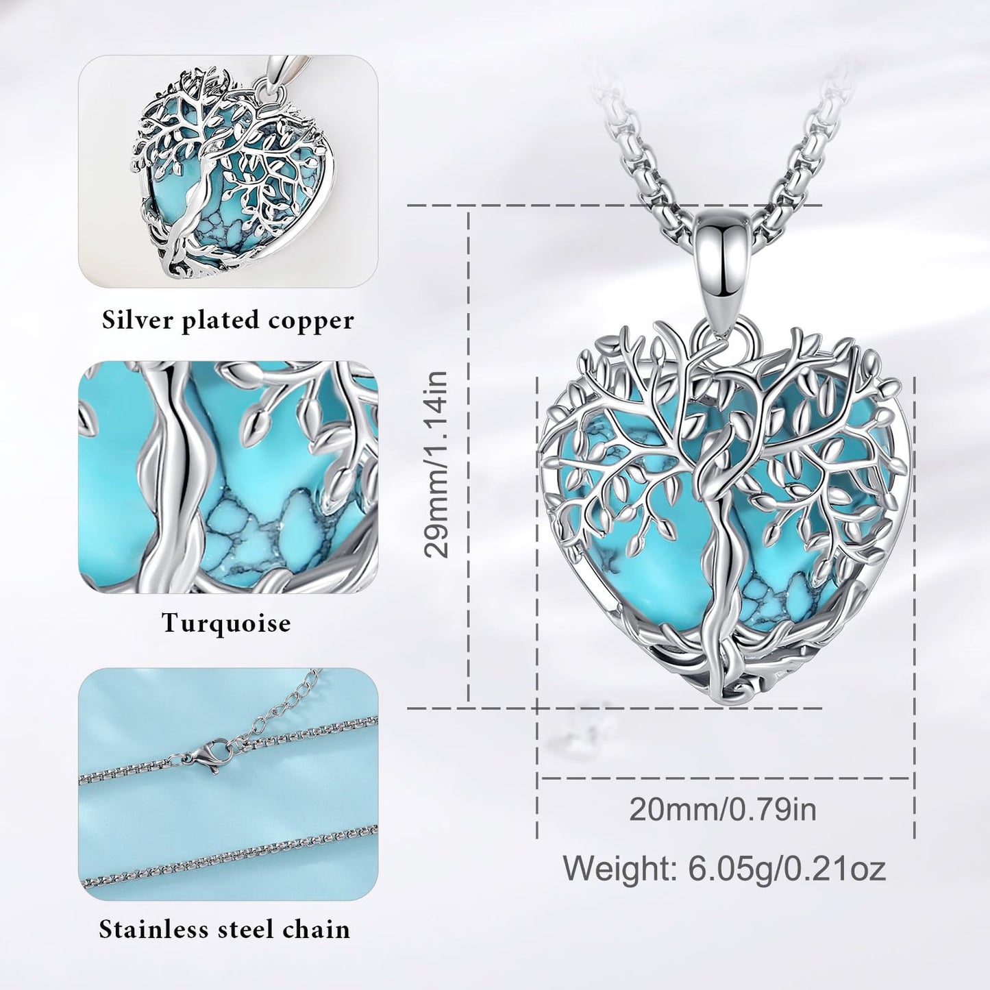 EDERSEENSUCHT - AEONSLOVE Lebensbaum Kette mit Kristall, Baum des Lebens Mondstein Halskette für Damen Türkis Amethyst Anhänger Obsidian Malachit Stein Kette Heilsteine Schmuck