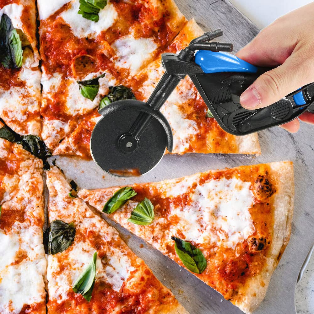 ELB Biker Motorrad Pizzaschneider, Lustige Pizza Schneider Edelstahl Kunststoff Pizzaroller Pizzarad Pizzamesser, Pizza Cutter mit Scharfem Schneiderad & Ständer für Weihnachten Kreativ Geschenke (Rot)