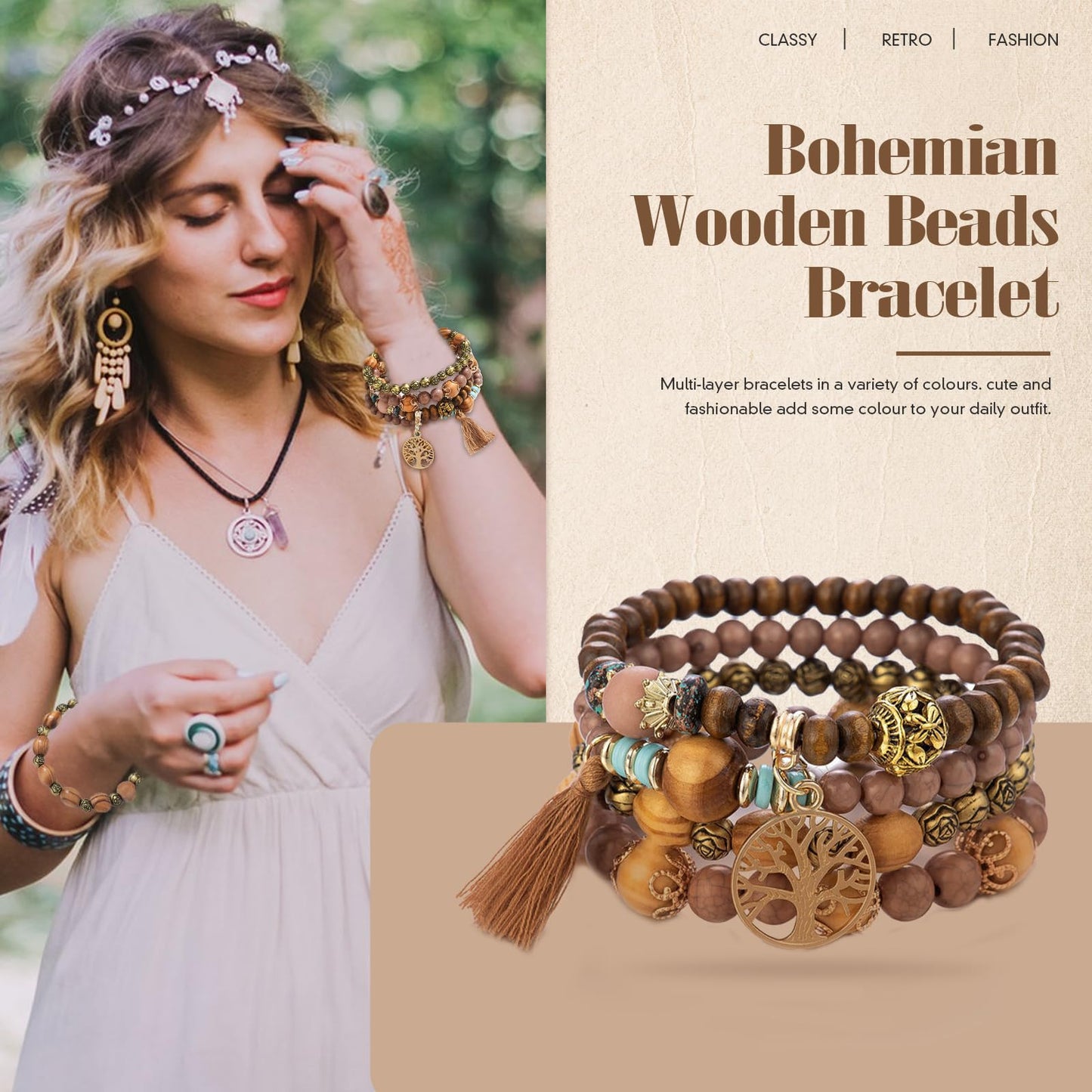 Sternstunde 4 Stück Boho Armbänder Damen, Chakra Armband für Frauen, Schmuck Boho Armreifen mit Holzperlen und Quaste, Chakra Armband, Lebensbaum-Charm, Liebe, Statement-Armreifen