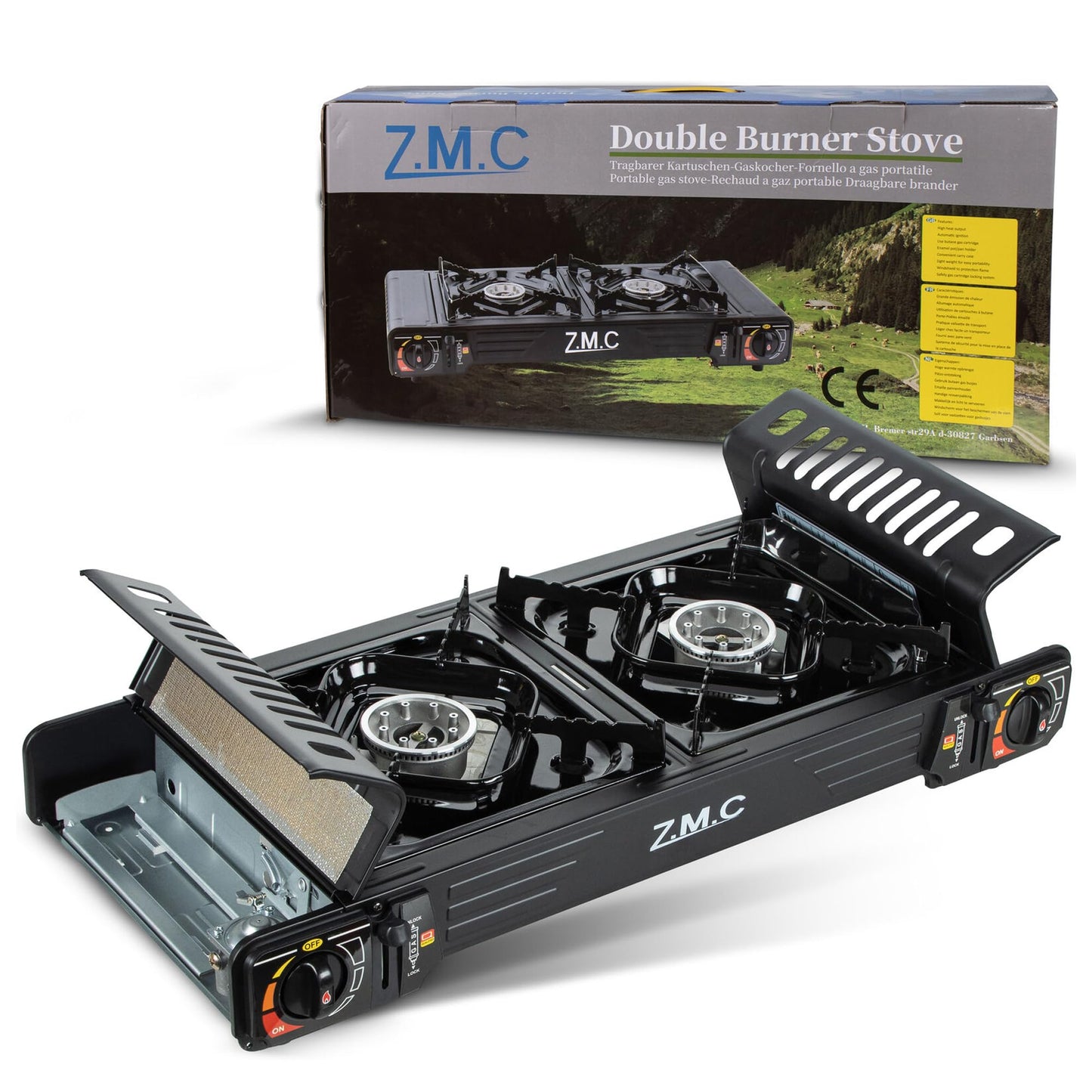 Z.M.C PREMIUM Camping Gaskocher 2-flammig + Grillplatte 45x24 cm + 8 Gaskartuschen 227g, Campingkocher mit Zündsicherung für Outdoor und Innenraum, Balkon Doppelgaskocher mit Piezozündung