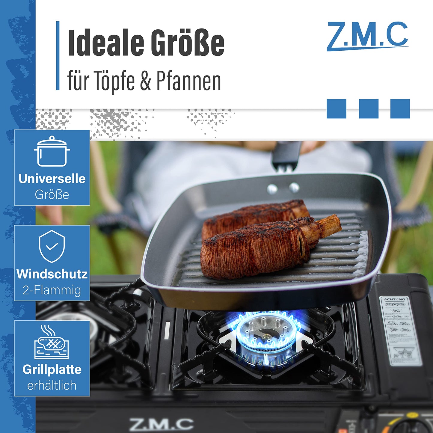 Z.M.C PREMIUM Camping Gaskocher 2-flammig + Grillplatte 45x24 cm + 8 Gaskartuschen 227g, Campingkocher mit Zündsicherung für Outdoor und Innenraum, Balkon Doppelgaskocher mit Piezozündung