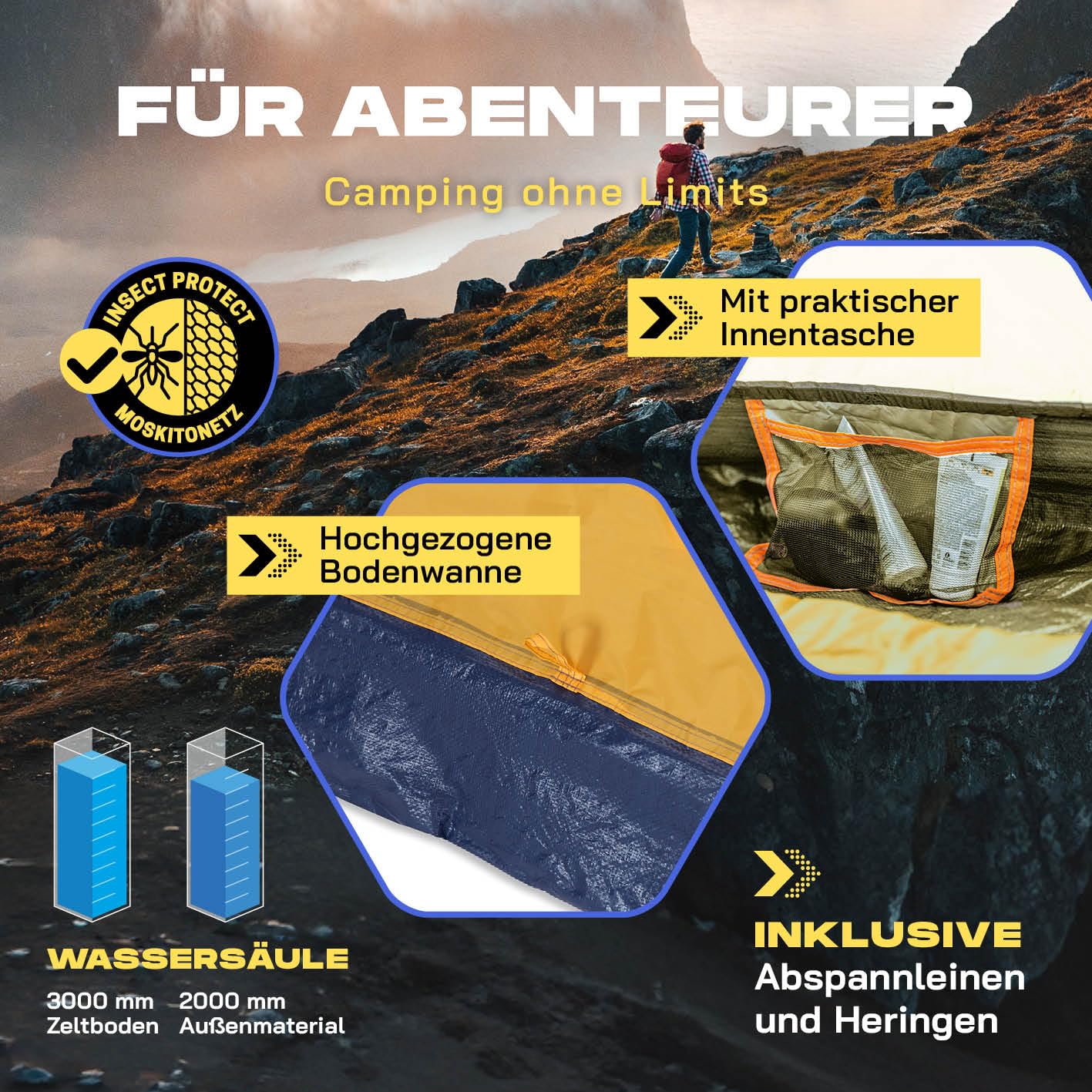 Lumaland Camping Zelt | Leichtes Pop Up Wurfzelt | 2-3 Personen Kuppelzelt | Trekking & Festival Igluzelt | Sekundenzelt Wasserdicht 210x190x110cm | Wind- & Sonnenschutz | Mit 1 & 2 Eingängen
