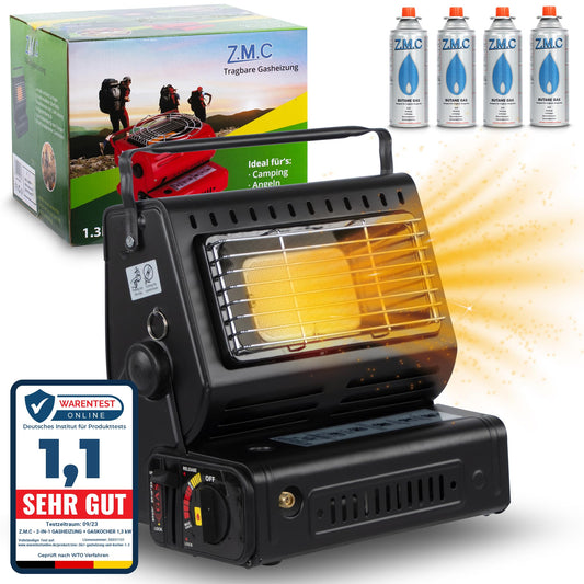 Z.M.C 2-in-1 Tragbare Keramik Gasheizung und Gaskocher 1,3 kW, mit LPG Anschluss + 4 Gaskartuschen, Campingkocher mit Piezozündung, Camping Heizung, Gasheizer für Indoor, Outdoor, Zelten Wohnwagen