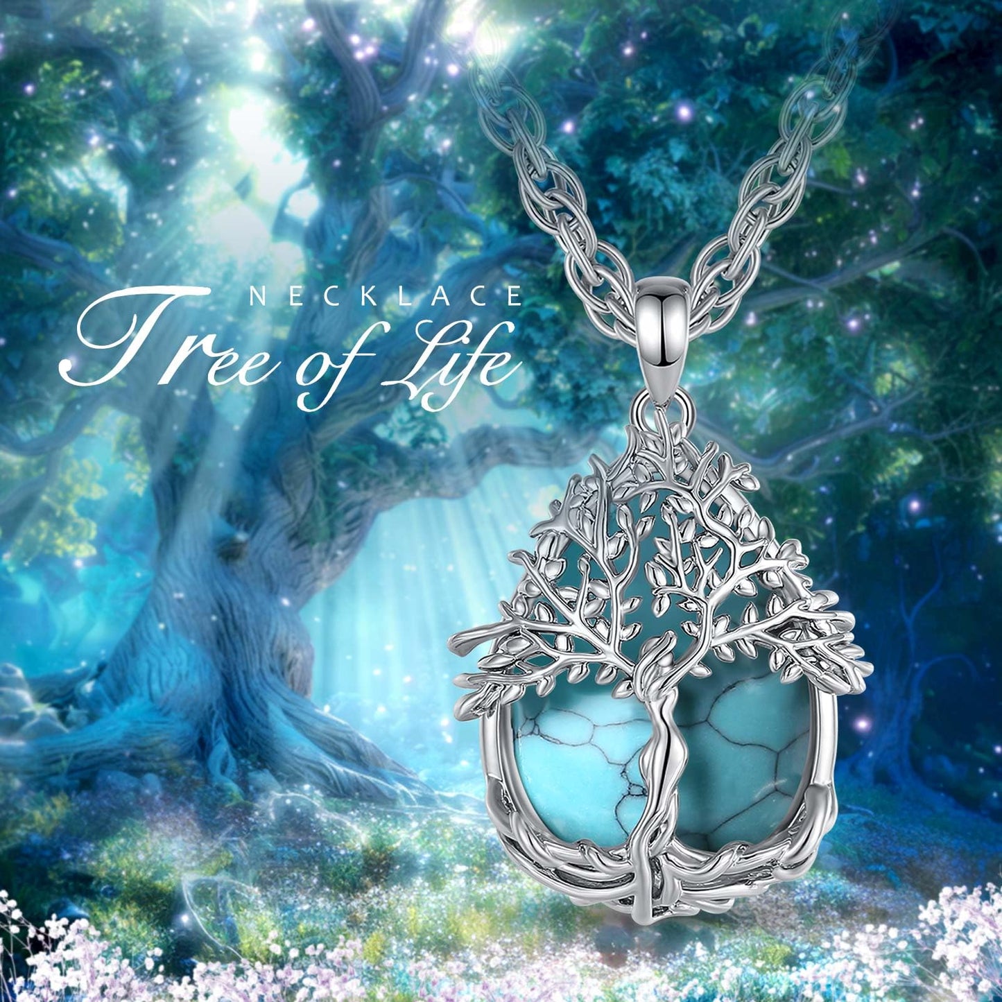 EDERSEENSUCHT - AEONSLOVE Lebensbaum Kette mit Kristall, Baum des Lebens Mondstein Halskette für Damen Türkis Amethyst Anhänger Obsidian Malachit Stein Kette Heilsteine Schmuck