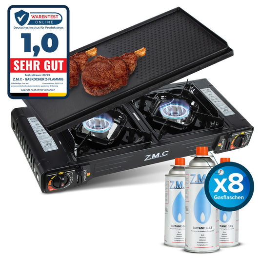 Z.M.C PREMIUM Camping Gaskocher 2-flammig + Grillplatte 45x24 cm + 8 Gaskartuschen 227g, Campingkocher mit Zündsicherung für Outdoor und Innenraum, Balkon Doppelgaskocher mit Piezozündung