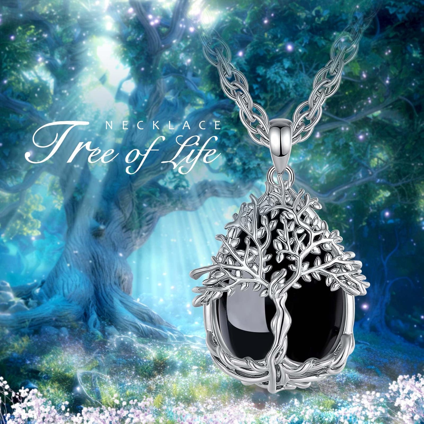 EDERSEENSUCHT - AEONSLOVE Lebensbaum Kette mit Kristall, Baum des Lebens Mondstein Halskette für Damen Türkis Amethyst Anhänger Obsidian Malachit Stein Kette Heilsteine Schmuck