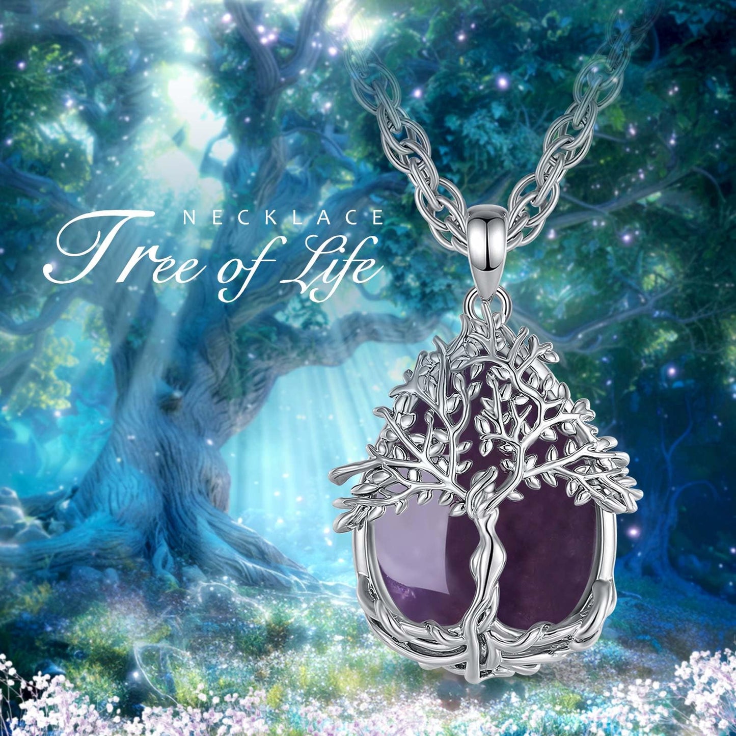 EDERSEENSUCHT - AEONSLOVE Lebensbaum Kette mit Kristall, Baum des Lebens Mondstein Halskette für Damen Türkis Amethyst Anhänger Obsidian Malachit Stein Kette Heilsteine Schmuck
