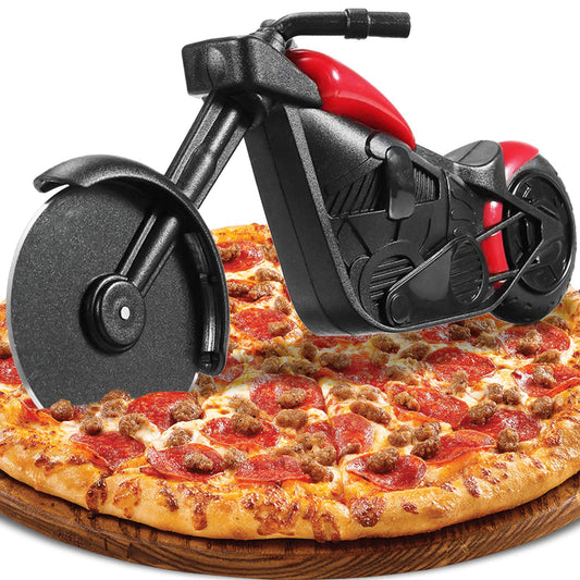 ELB Biker Motorrad Pizzaschneider, Lustige Pizza Schneider Edelstahl Kunststoff Pizzaroller Pizzarad Pizzamesser, Pizza Cutter mit Scharfem Schneiderad & Ständer für Weihnachten Kreativ Geschenke (Rot)