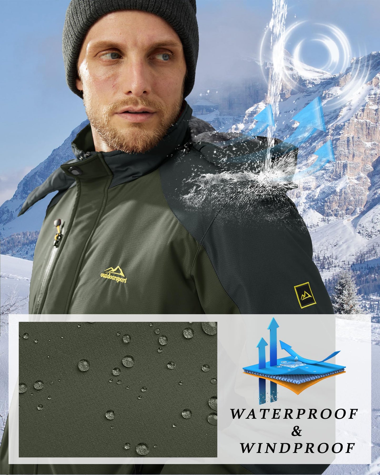 KEFITEVD Snowboardjacke Herren Warm Gefüttert Skijacke Wasserdicht Softshell Jacke mit Kapuze Fleece Winterjacke Atmungsaktiv Funktionsjacke