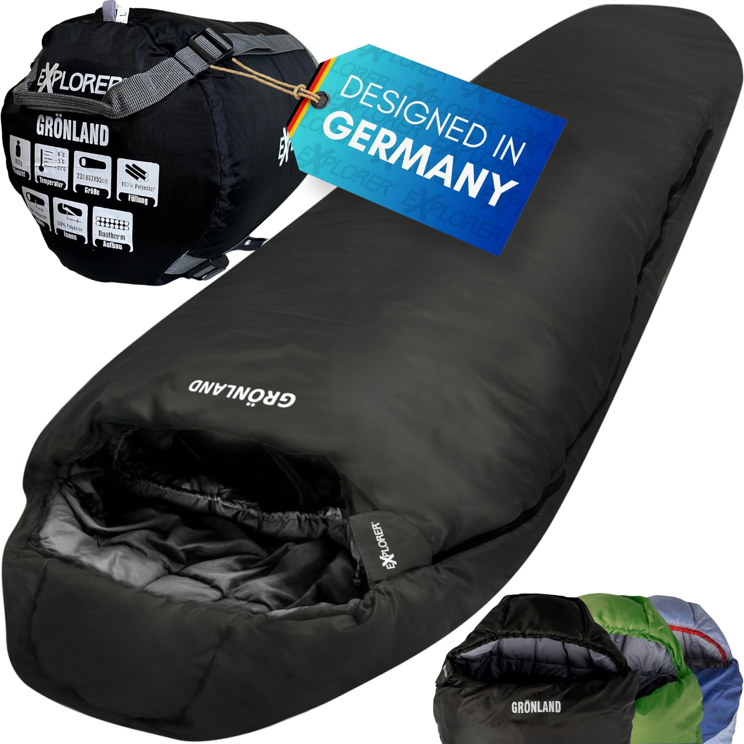 EXPLORER® GRÖNLAND Schlafsack -23°C -5°C [350GSM] 3-4 Jahreszeiten Winter Mumienschlafsack Erwachsene[1900g] 230x82x55cm ideal für Outdoor, Camping, Trekking und Reisen