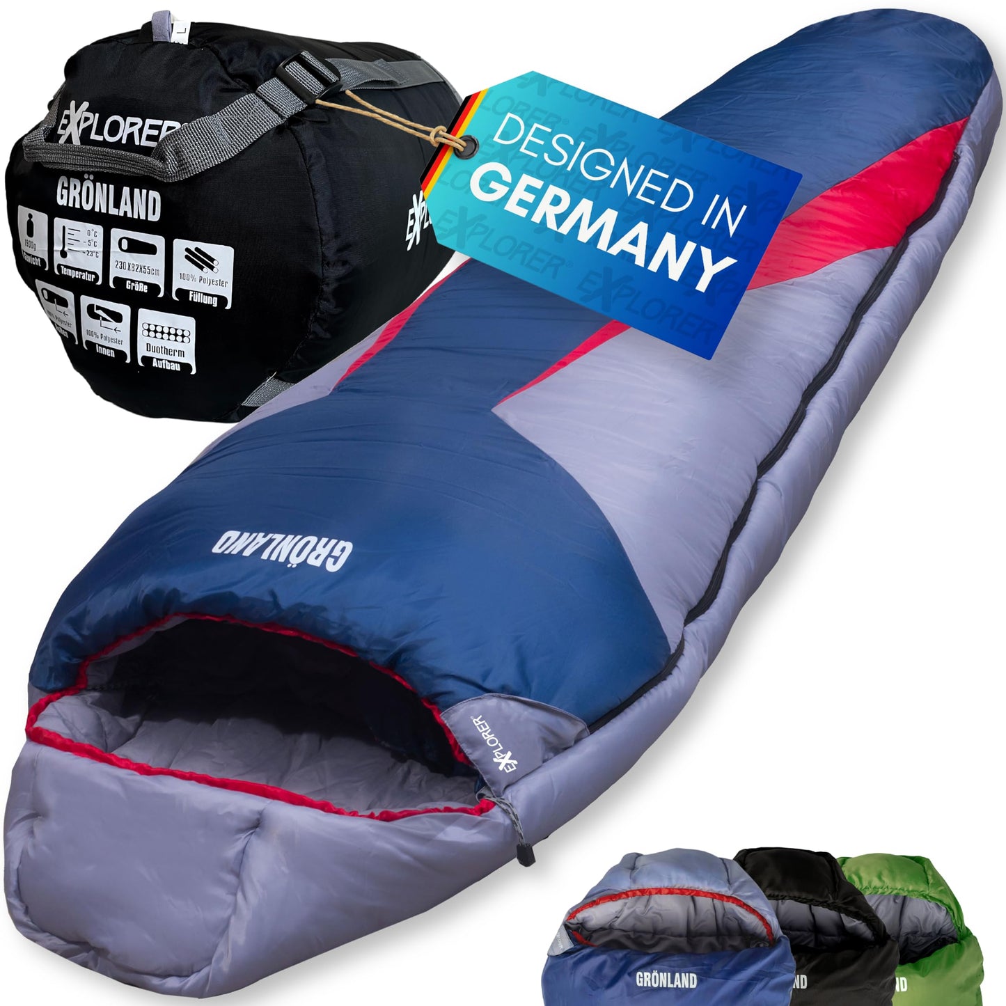 EXPLORER® GRÖNLAND Schlafsack -23°C -5°C [350GSM] 3-4 Jahreszeiten Winter Mumienschlafsack Erwachsene[1900g] 230x82x55cm ideal für Outdoor, Camping, Trekking und Reisen