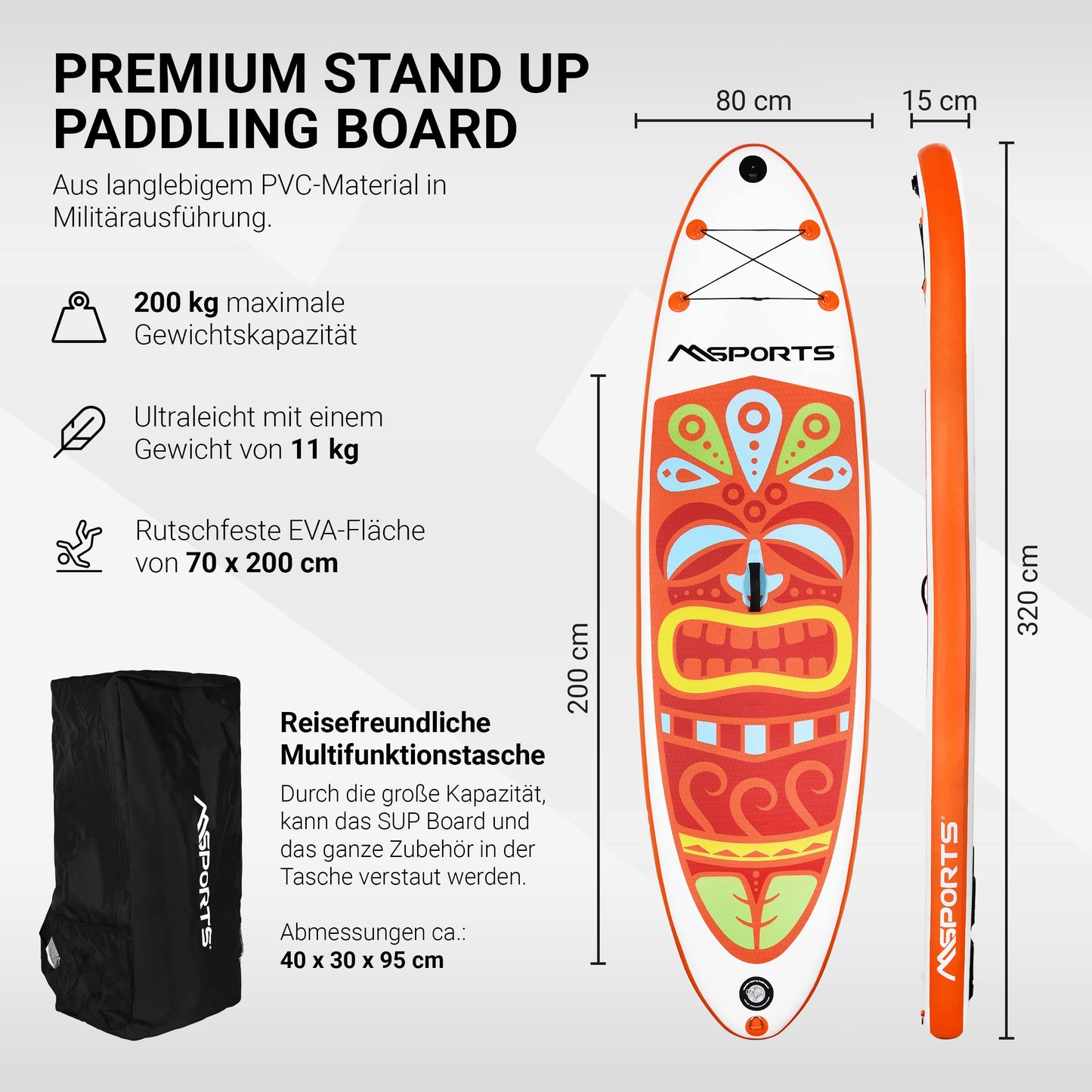 MSPORTS Stand Up Paddle Board Aufblasbar Komplettes Paddleboard Zubehör Verstellbares Paddel, hochwertige Pumpe + 2X Paddelstock + wasserdichte Smartphone Tasche + Multifunktionstasche