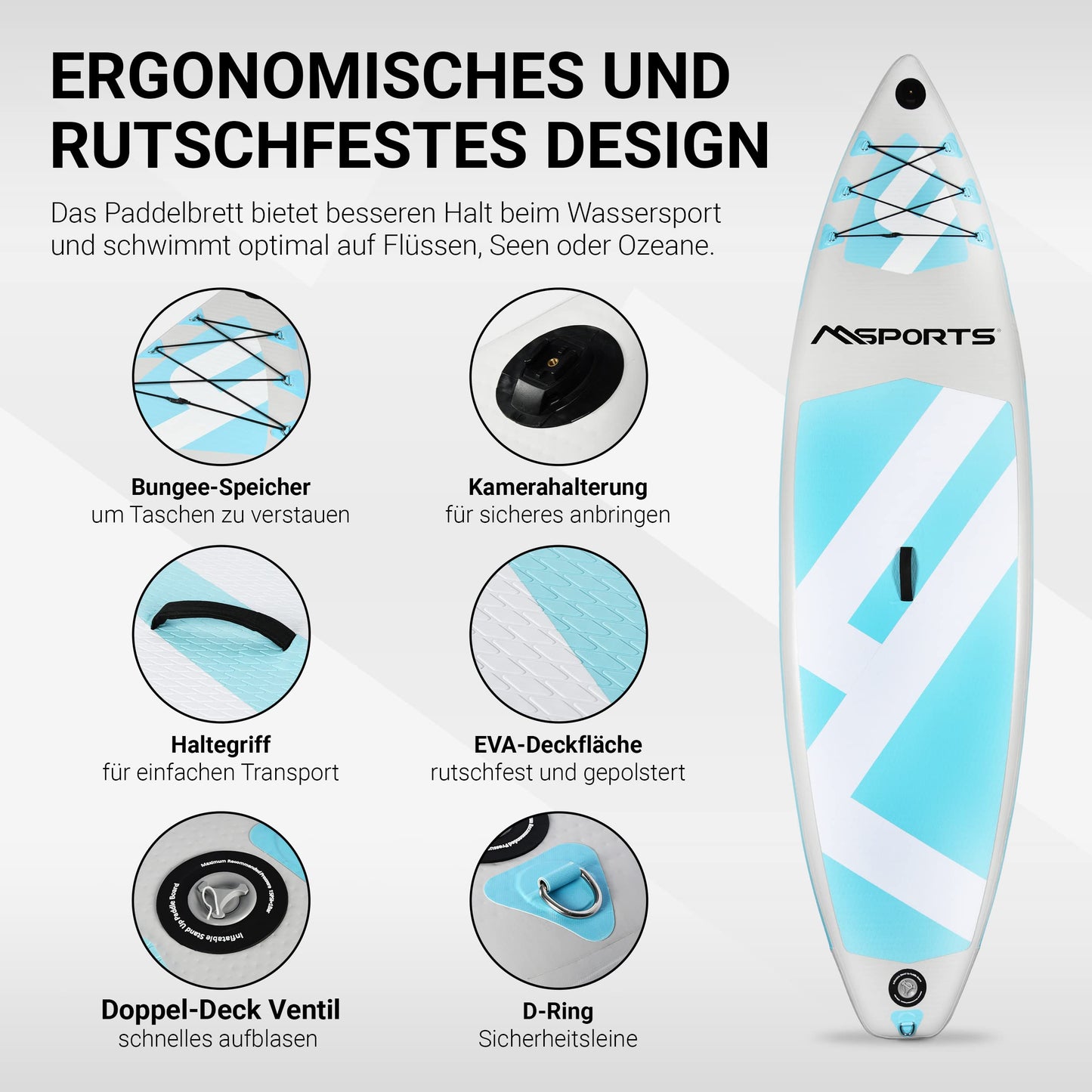 MSPORTS Stand Up Paddle Board Aufblasbar Komplettes Paddleboard Zubehör Verstellbares Paddel, hochwertige Pumpe + 2X Paddelstock + wasserdichte Smartphone Tasche + Multifunktionstasche
